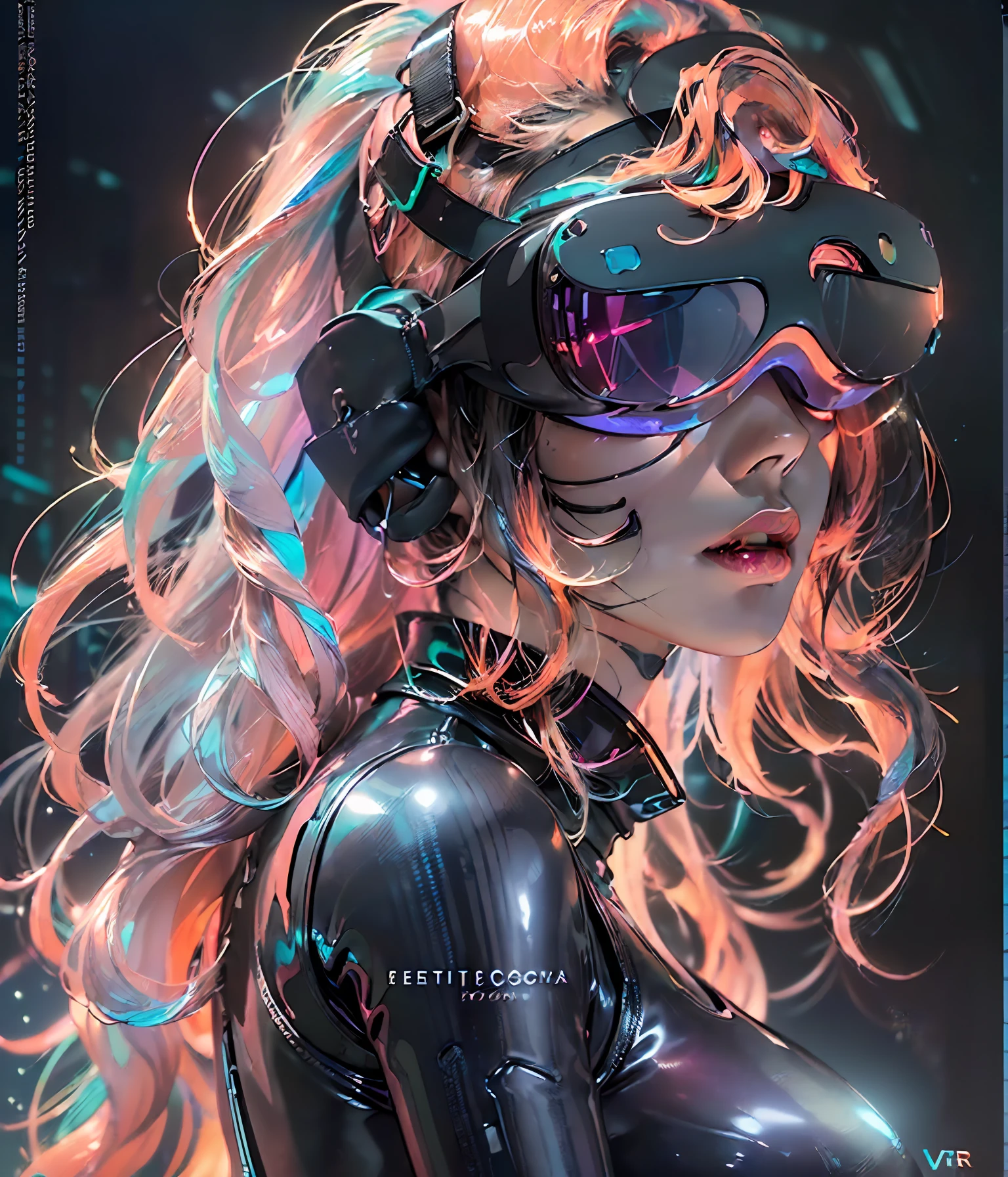 (((Perfect Portrait shot of Girl))), ((extremely long flowing curly fluorescent Orange cyberpunk hair)), best image quality, masterpiece, super high resolution, (fidelity:1.4), photo, (((1 girl))) dim, darkness, movie, (translucent futuristic black outfit and clothes:1.5), (translucent clothes:1.4), ((cyberpunk)), cyber gear, ((robot)), apocalypse, futuristic, (((overly large hanging breasts))), ((perfect and sharp facial features ((portrait)), (((dynamic shot))), ((perfect body)), ((award winning super realistic photo)), (((extremely tight reflective shiny latex))), textured pastel color background, colourful, vibrant, ((gorgeous perfect multicoloured reflective eyes)), (((futuristic transparent colored VR goggles))), (((perfect ass behind shot)))