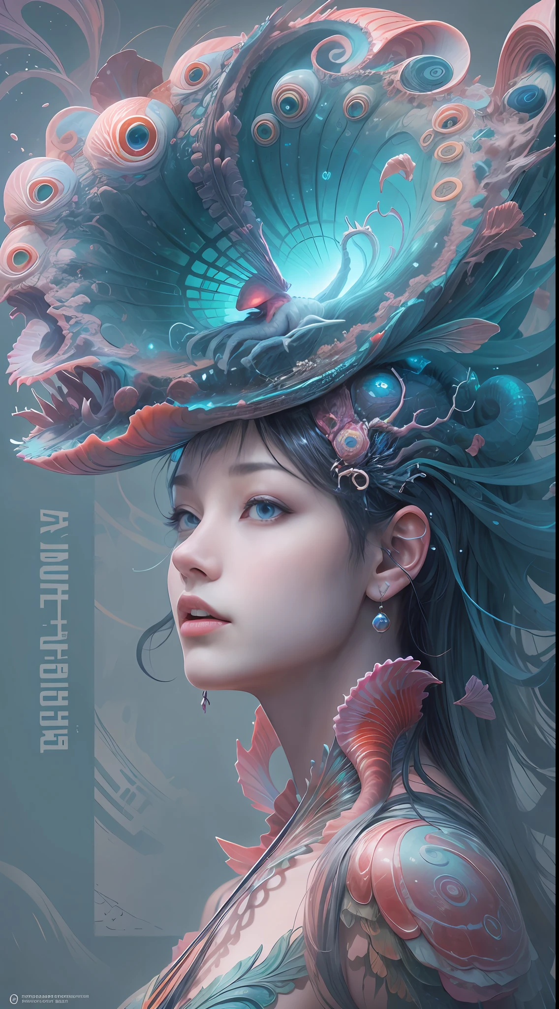 best qualtiy，tmasterpiece，超高分辨率，（photograph realistic：1.4），ultra-realistic realism，Dream-like，The beautiful blue goddess wears a phoenix peacock on her head, Nautilus, a betta fish，The creation of fantasy，Brain conch，Dream Conch，Biopunk Nautilus，Thrilling color scheme， ultra-realistic realism， abstracted， psychedelia,