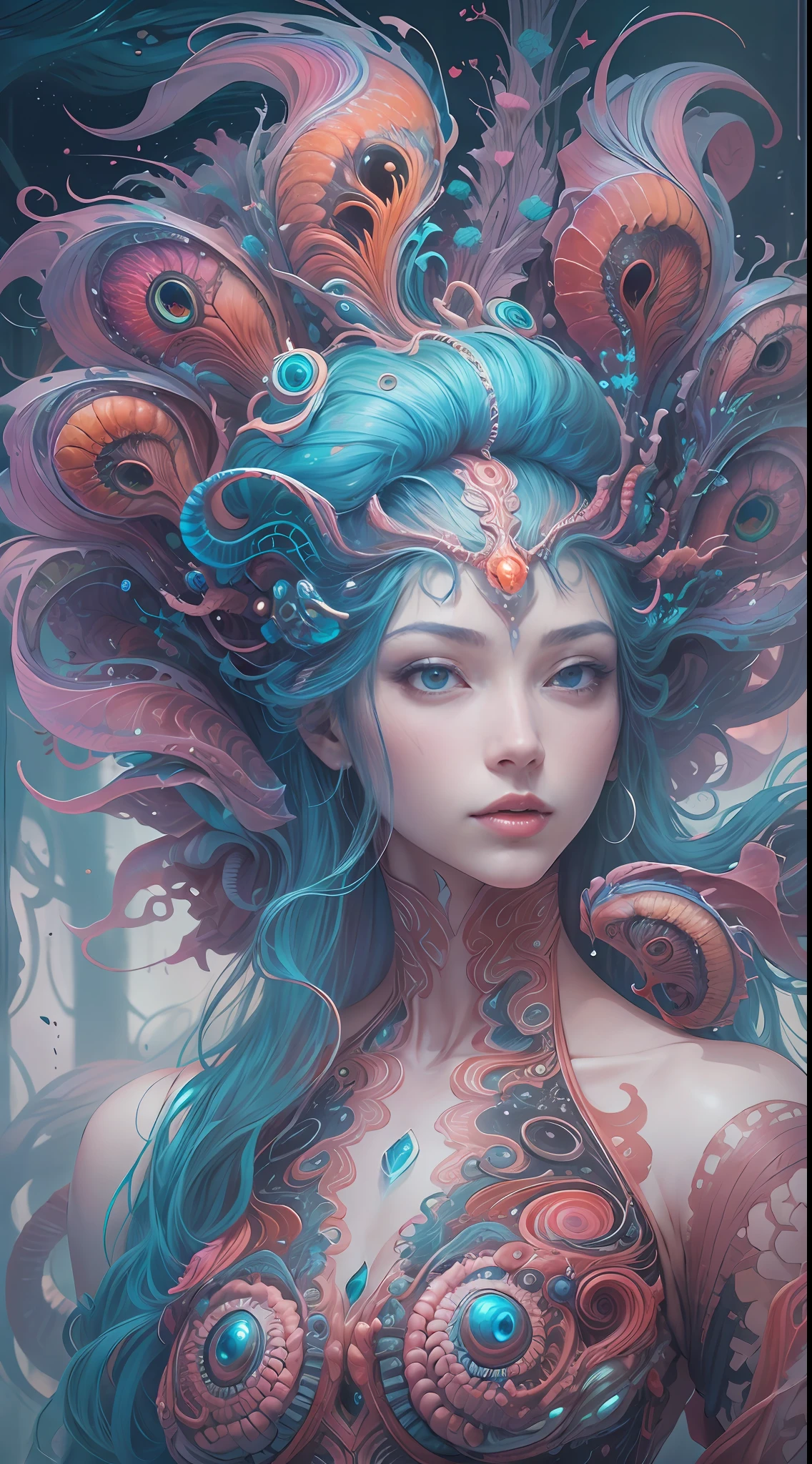 best qualtiy，tmasterpiece，超高分辨率，（photograph realistic：1.4），ultra-realistic realism，Dream-like，The beautiful blue goddess wears a phoenix peacock on her head, Nautilus, a betta fish，The creation of fantasy，Brain conch，Dream Conch，Biopunk Nautilus，Thrilling color scheme， ultra-realistic realism， abstracted， psychedelia,