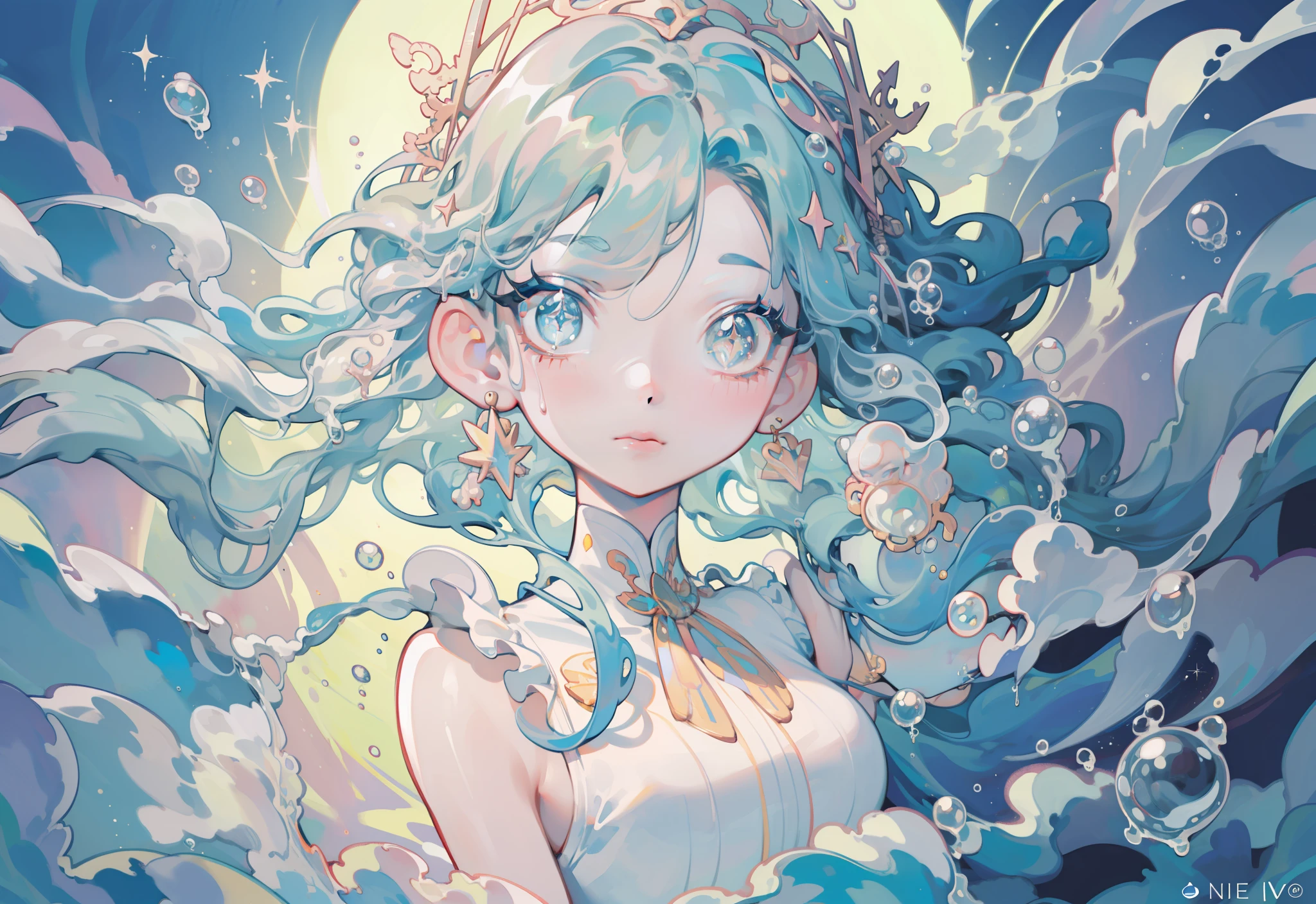 masterpiece, best quality, 8k resolution, sharp focus, intricate detail, beautiful girl, sparkling eyes, golden ratio face, otherworldly liquid, watercolor, pastel colors, bright colors, whimsical, colorful, sharp focus, high resolution, fine detail, liquid ballgown, ((round eyes)), iridescent bubbles