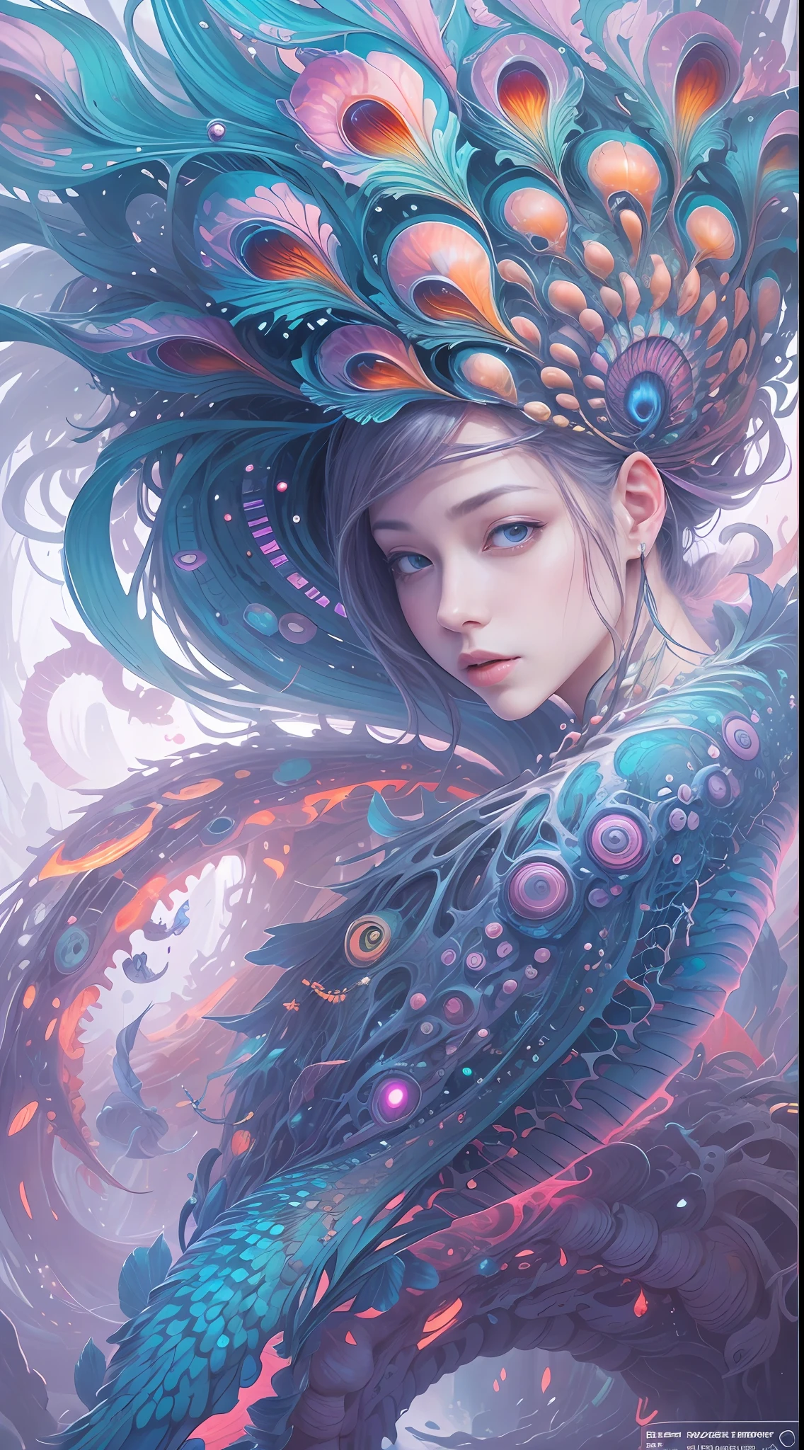 best qualtiy,tmasterpiece,超高分辨率,(photograph realistic:1.4),ultra-realistic realism,Dream-like,The beautiful blue goddess wears a phoenix peacock on her head, Nautilus, a betta fish,The creation of fantasy,Brain conch,Dream Conch,Biopunk Nautilus,Thrilling color scheme, ultra-realistic realism, abstracted, psychedelia,