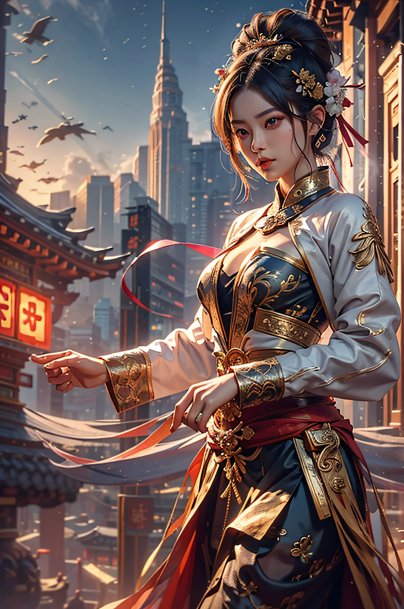 best qualtiy，tmasterpiece，超高分辨率，（realisticlying：1.4），xiuxian，arma，Detal Face，二重まぶた，nedium breasts，1girll，独奏，（Magical Circle：1.2），xiuxian，The upper part of the body，a beauty girl，full bodyesbian，east asian architecture，Jacket，buliding，