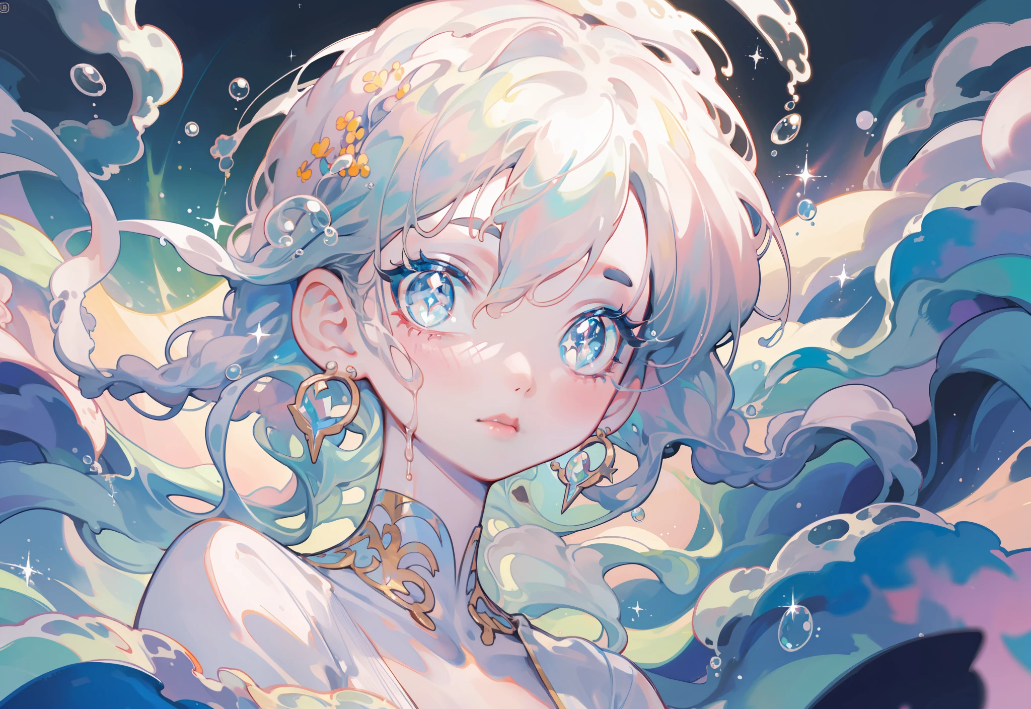 masterpiece, best quality, 8k resolution, sharp focus, intricate detail, beautiful girl, sparkling eyes, golden ratio face, otherworldly liquid, watercolor, pastel colors, bright colors, whimsical, colorful, sharp focus, high resolution, fine detail, liquid ballgown, ((round eyes)), iridescent bubbles