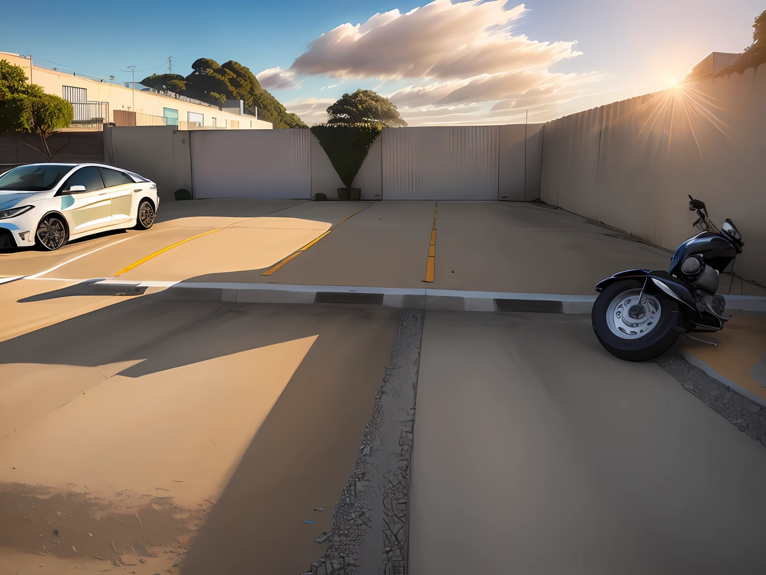 imagem de listagem, Garagem, estacionamento, courtyard, garagem, em frente a uma garagemm, bem conservado, Fotografia tirada em 2 0 2 0, Vista do alto, tiro no alto, completamente vazio, car garage, imagem muito coerente, estacionamento na rua, dispositivo completo, Beautiful image, um televisor grande no muro direito, uma pessoa sentada em uma poltrona em frente ao televisor. Three luxury cars in the center of the site, a wall cabinet, rustico, com produtos para lavagem de carro no canto direito do muro.