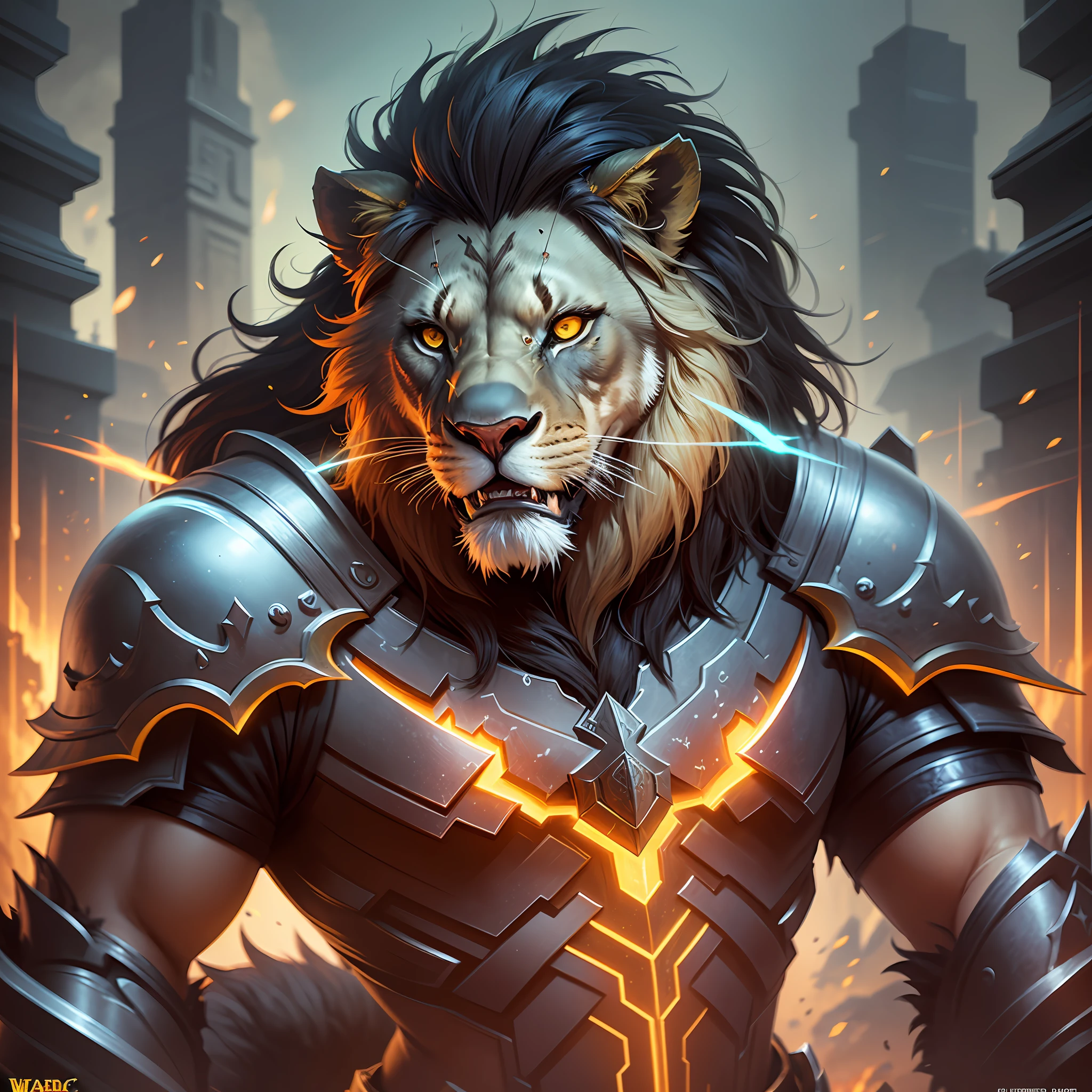 a close up of a lion with glowing yellow lights on it's face, lion warrior, from warcraft, warcraft artwork, blizzard warcraft artwork, epic fantasy digital art style, glowing and epic, amazing wallpaper, epic fantasy art style hd, glowing lights in armor, warcraft character, detailed fantasy digital art, epic fantasy digital art, great digital art with details --auto --s2