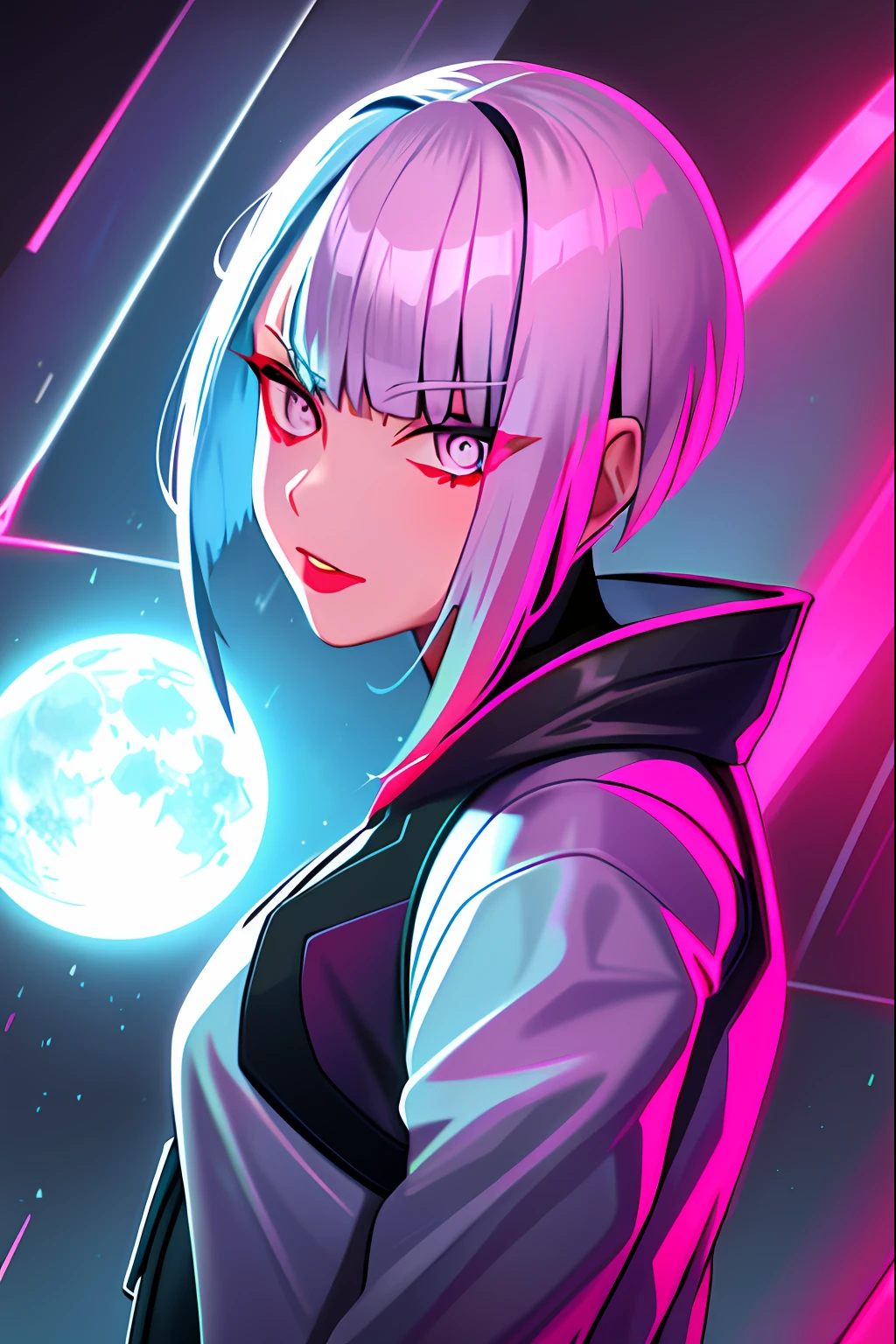 lucy \(cyberpunk\),2girl, hair scrunchie, lesbi, hime cut, silver hair, colored tips, full moon, grey eyes, jacket, long sleeves, looking at viewer, Medium hair, Colorful hair, Bangs separated, lips parted, pink-haired, portrait, Red eyeliner, redlips, White jacket, The cyberpunk\(series\), Rainy night in neon-lit cyberpunk city,Two-dimensional,cyberpunk edgerunners