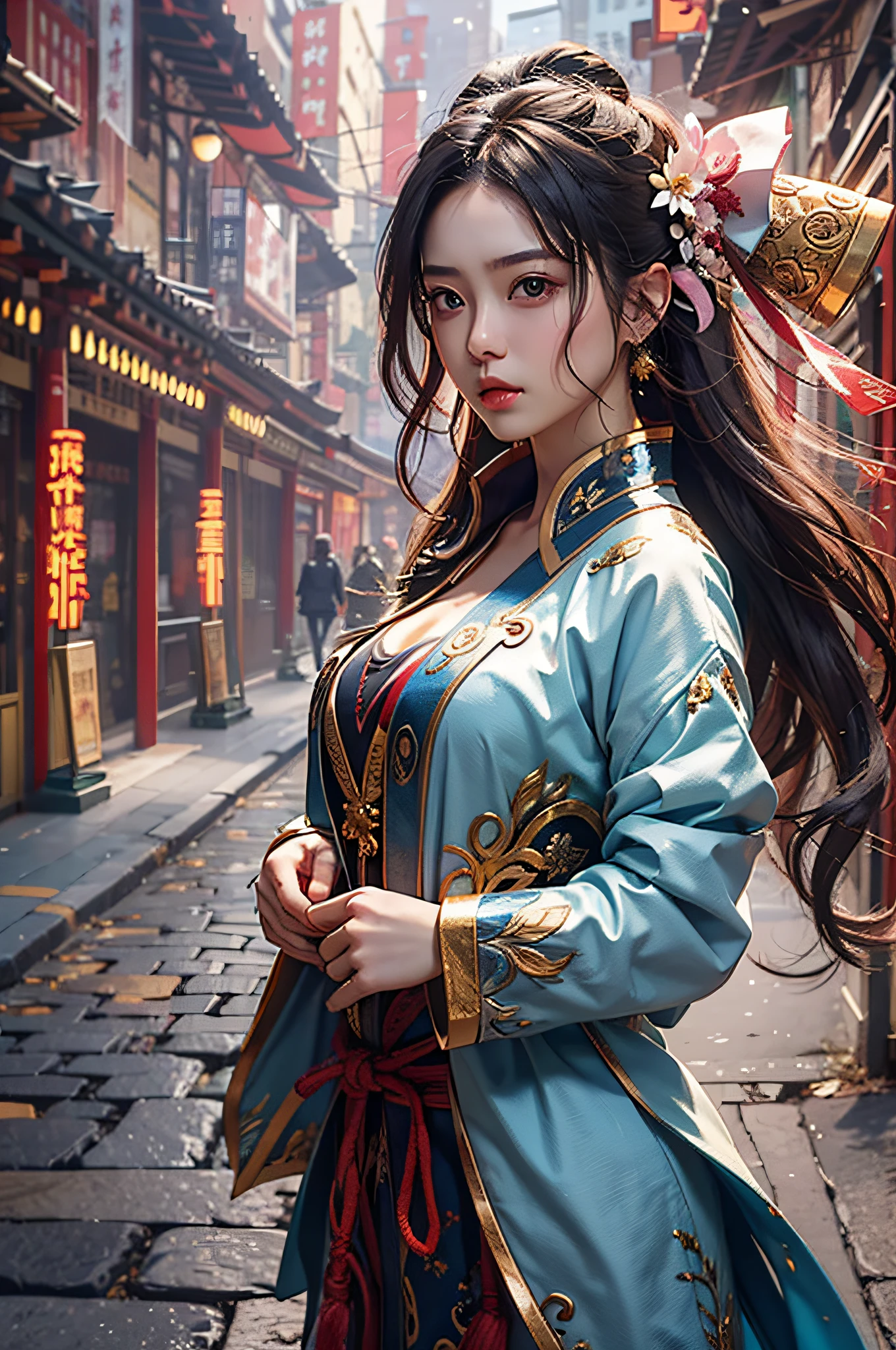 best qualtiy,tmasterpiece,超高分辨率,(realisticlying:1.4),xiuxian,arma,Detal Face,二重まぶた,nedium breasts,1girll,独奏,(Magical Circle:1.2),xiuxian,The upper part of the body,a beauty girl,full bodyesbian,east asian architecture,Jacket,buliding,