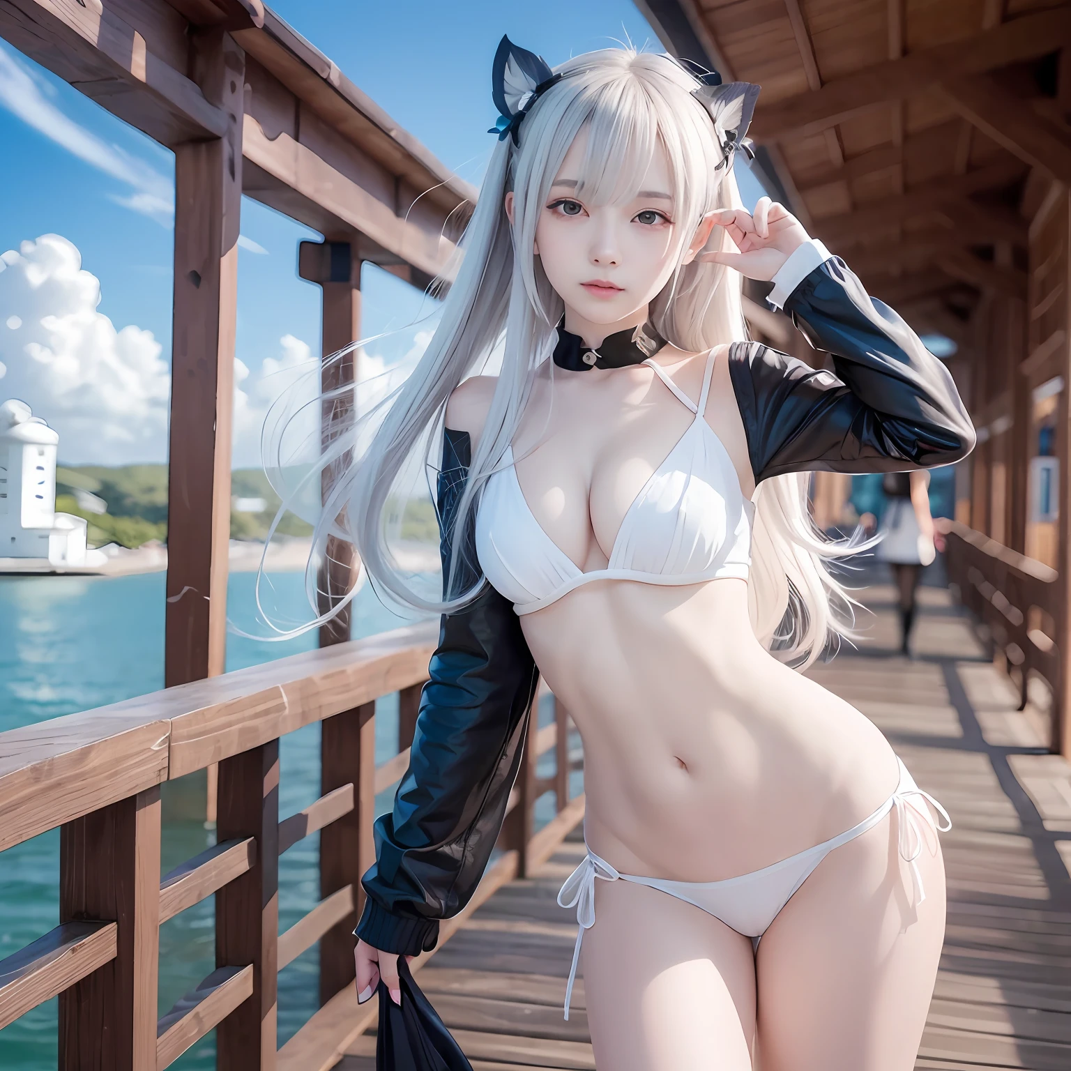 Anime girl with white hair and blue eyes posing on the pier, Seductive Anime Girl, Beautiful anime girl, Wallpaper Anime Blue Water, Smooth Anime CG Art, [ 4 k digital art ]!!, at sea, azur lane style, anime moe art style, beautiful alluring anime woman, beautiful anime woman, pretty anime girl, anime goddess, charming anime girls
