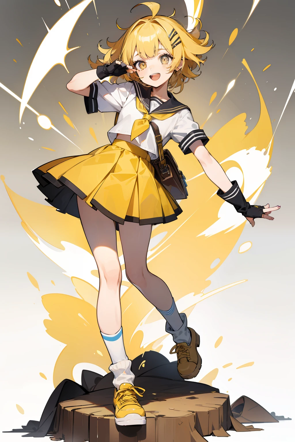 ((Masterpiece, highest quality)), detailed face, Full body, full of details, highly detailed, depth, many parts, 1girl, yellow school uniform, multiples hair ornaments, many hair pins, many hair clips, multiple accessories, happy, open mouth, grey eyes, white pupils, sparks, skirt, leg warmers, loose socks, yellow shoes, fingerless gloves, short sleeves, bangs, ((messy hair)), short yellow hair,