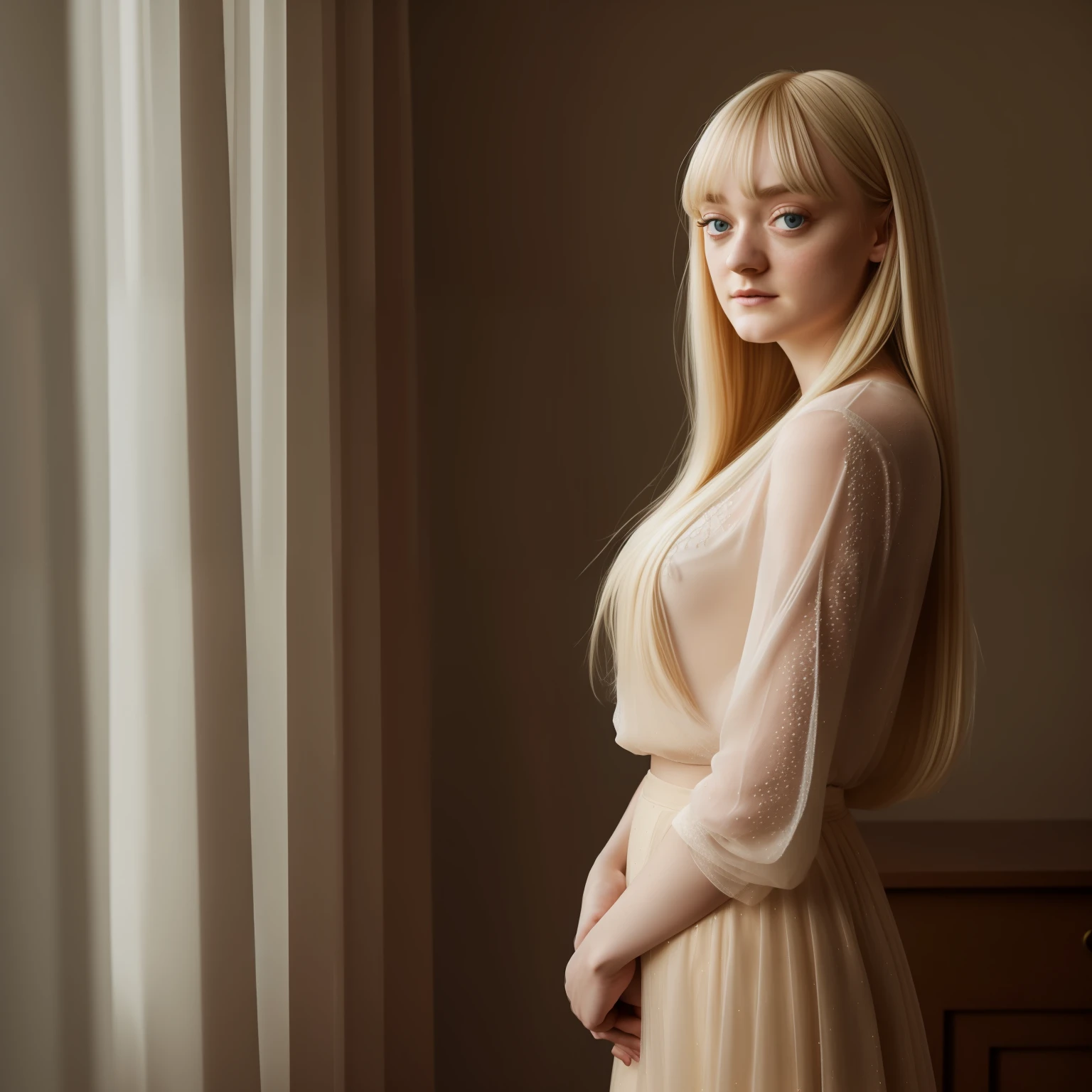 blond woman, standing, full body, perfect body, perfect body shape, cum shot, dakota fanning, soft portrait shot 8 k, female portrait, james jean soft light 4k, james jean soft light 4 k, a still of an ethereal