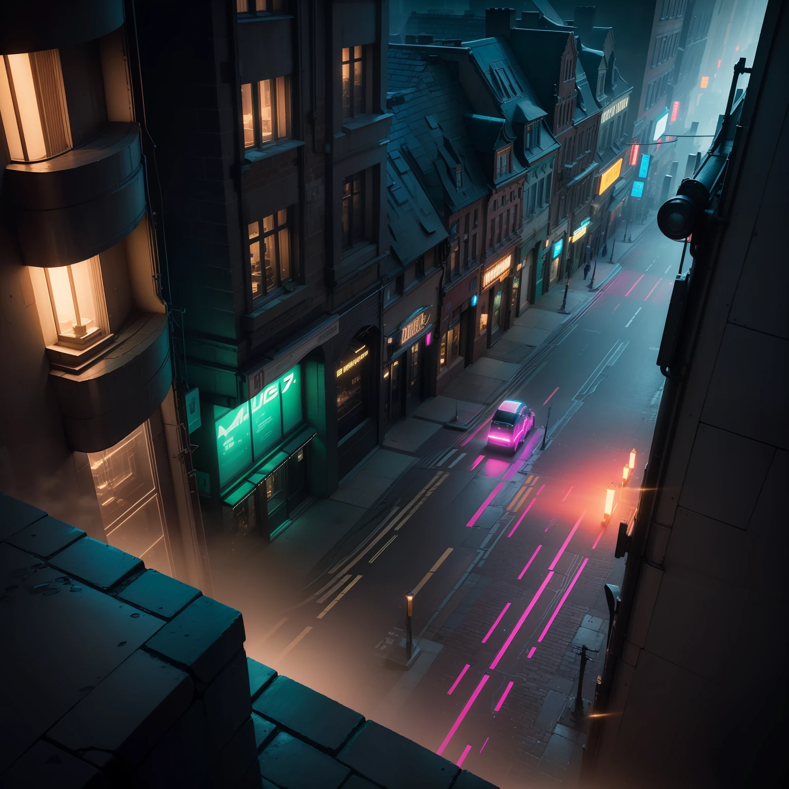 An urban scene where neon light reflects off cobblestone streets, filling the city with an ethereal glow Composition: A high angle shot emphasizing the contrast between the futuristic lights and the old-style architecture, in the style of Bill Durgin's abstract compositions