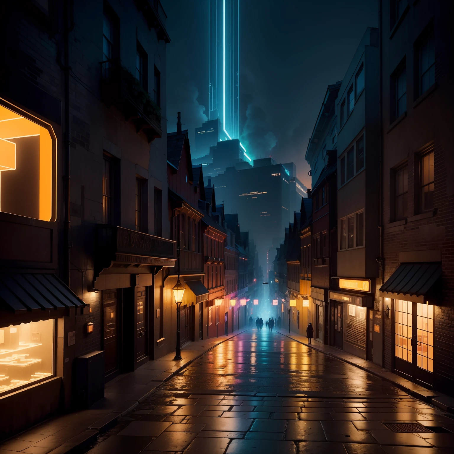 An urban scene where neon light reflects off cobblestone streets, filling the city with an ethereal glow Composition: A high angle shot emphasizing the contrast between the futuristic lights and the old-style architecture, in the style of Bill Durgin's abstract compositions