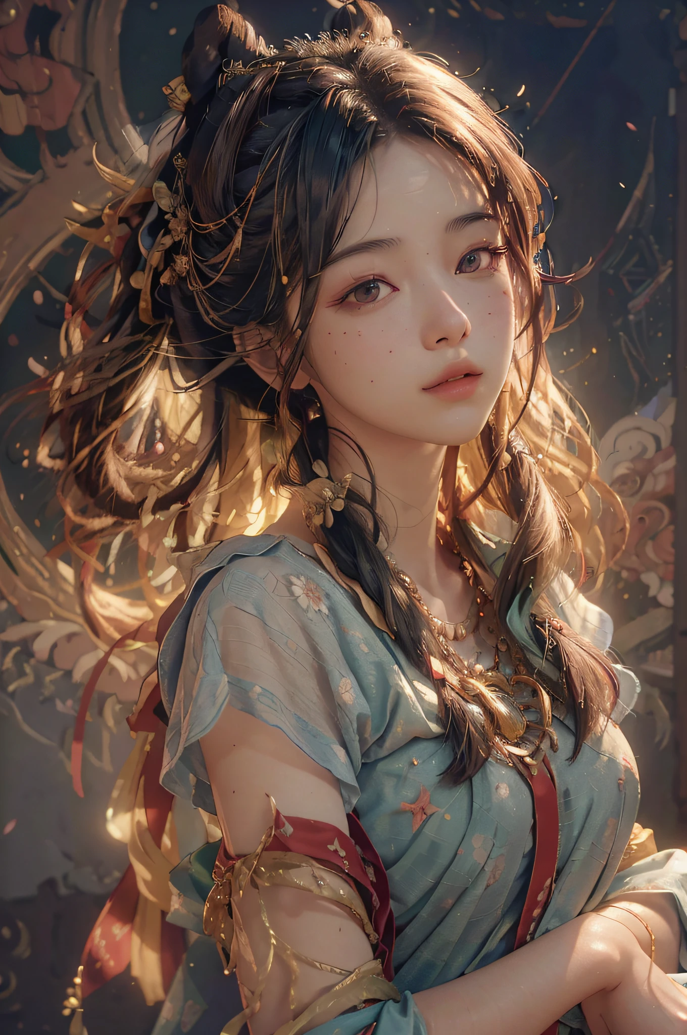 (RAW photo, best quality), (realistic, photo-realistic:1.3),best quality,highly detailed,masterpiece,ultra-detailed,illustration,1girl,upper_body,dynamic angle,world masterpiece theater,messy_long_hair,best quality,extremely detailed CG unity 8k wallpaper,ink,Amazing,cinematic lighting,lens_flare, dunhuang_style