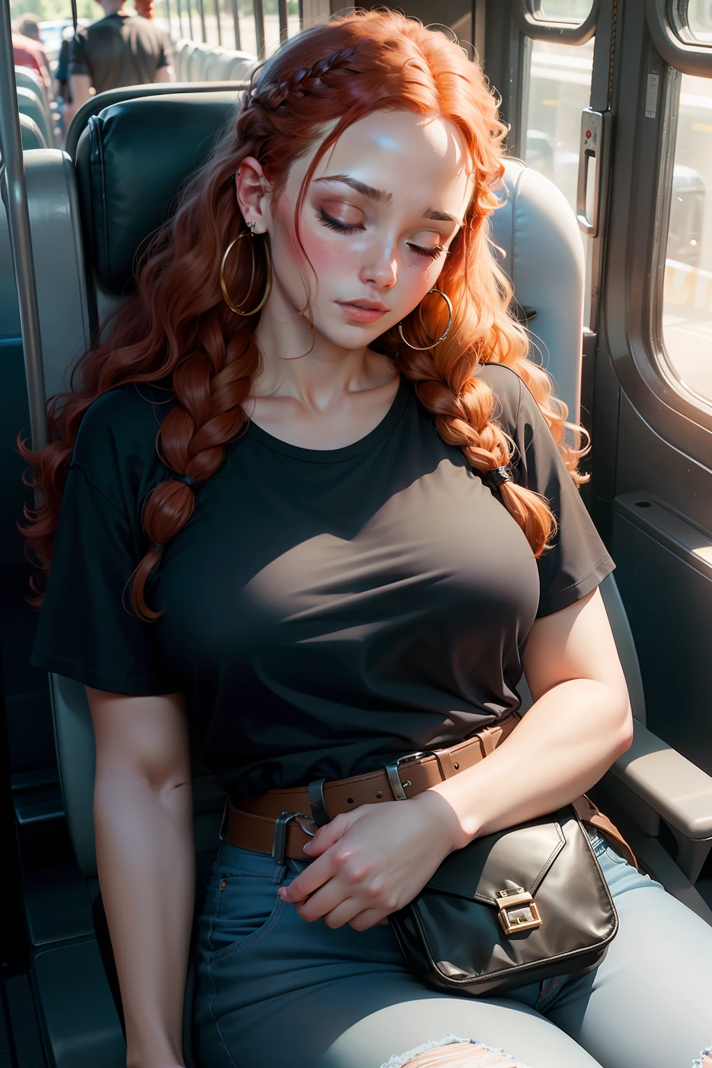 1 beautiful woman, large body, young, braid around her forehead, redhead, curly hair, eyes closed, eyelids made up, black T-shirt, light blue jeans, HANDS CROSSED, BLACK BAG, asleep, small EARRINGS, asleep sitting on the BUS , HEAD DOWN IN THE SEAT.