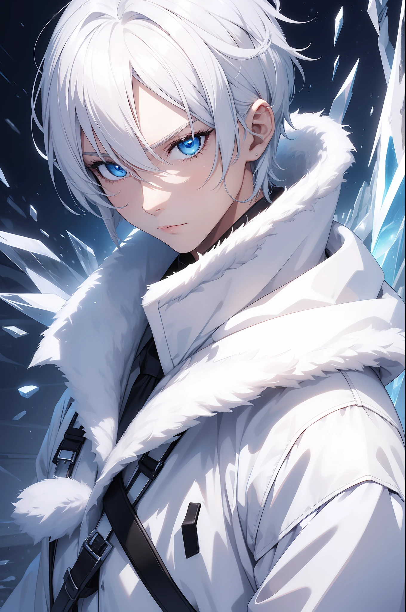 a man wearing white winter clothes , short white hair, ice aura, shining blue eyes