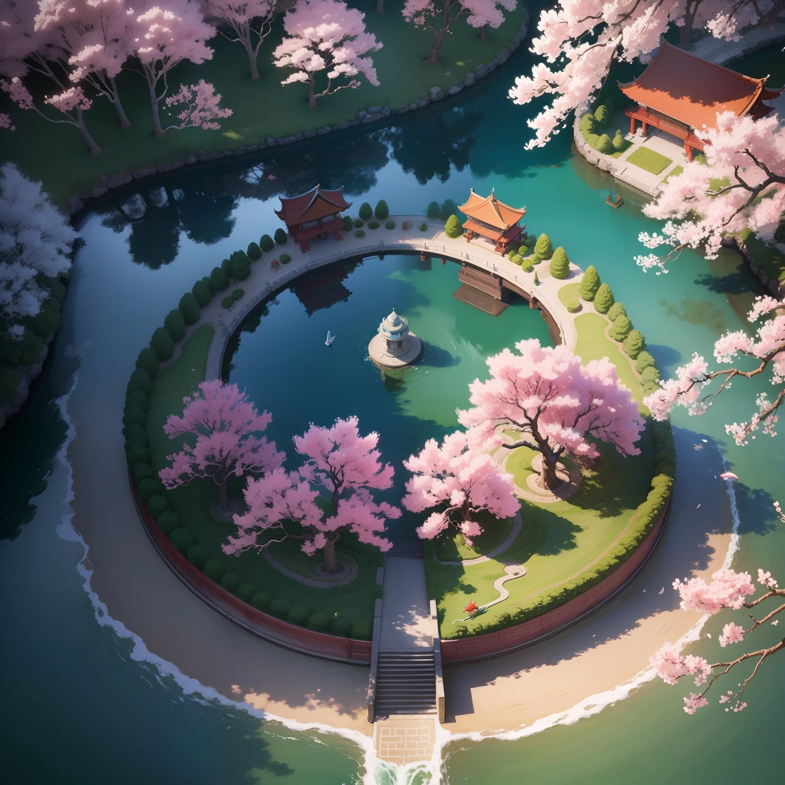 A brightly colored Chinese dragon coils among countless cherry blossom trees, Chinese traditional painting style,With a touch of pop art. Depict this scene from a bird's eye view, Add movement and grandeur. The environment is reminiscent《National Geographic》Breathtaking images taken. High detail, hyper HD, 8K. artist: fang lijun.