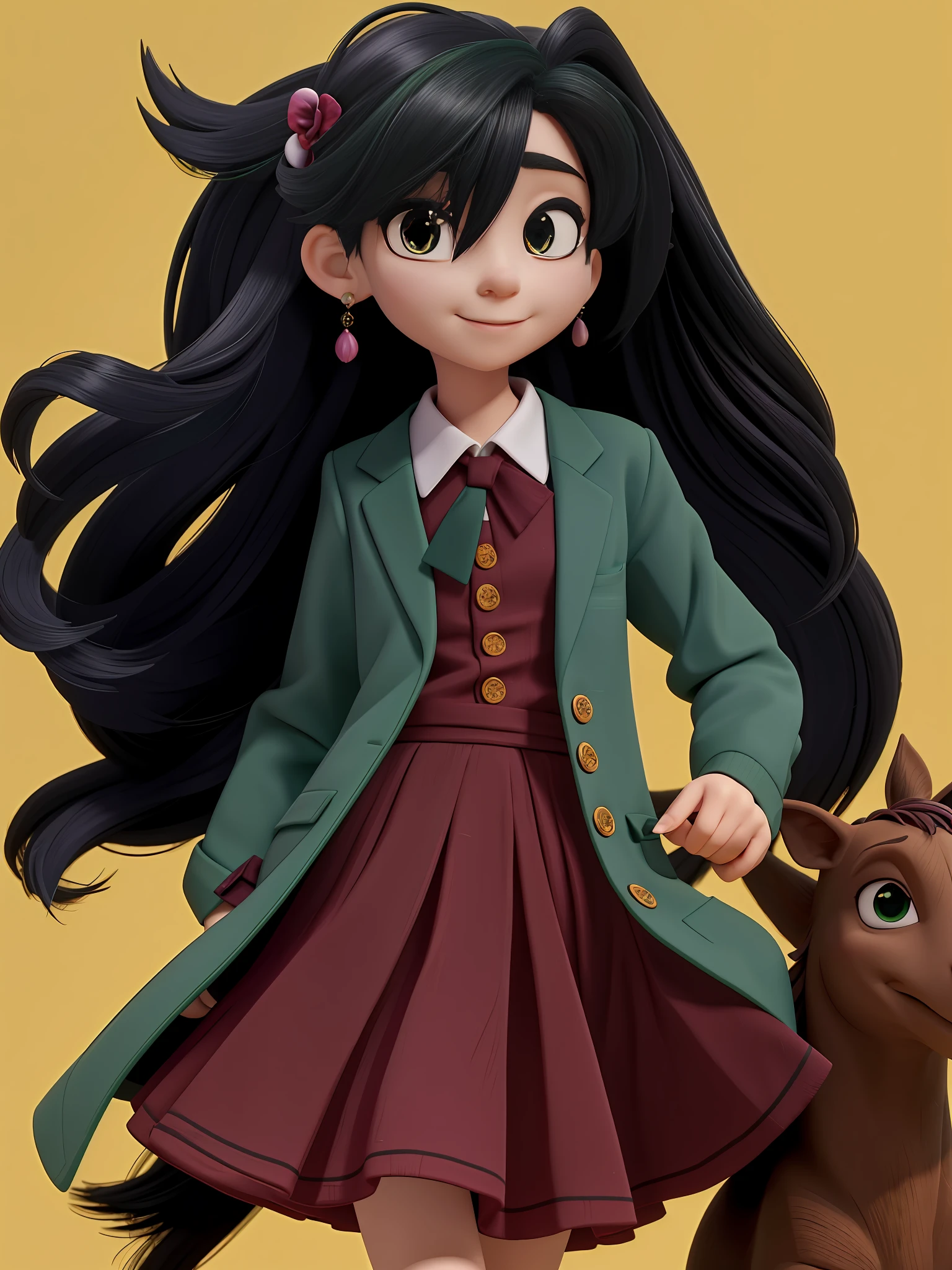 tmasterpiece，best qualtiy，Kizi，black color hair，dual horsetail，Green suit，Short magenta skirt，white  shirt，Asian people，ssmile，Be red in the face