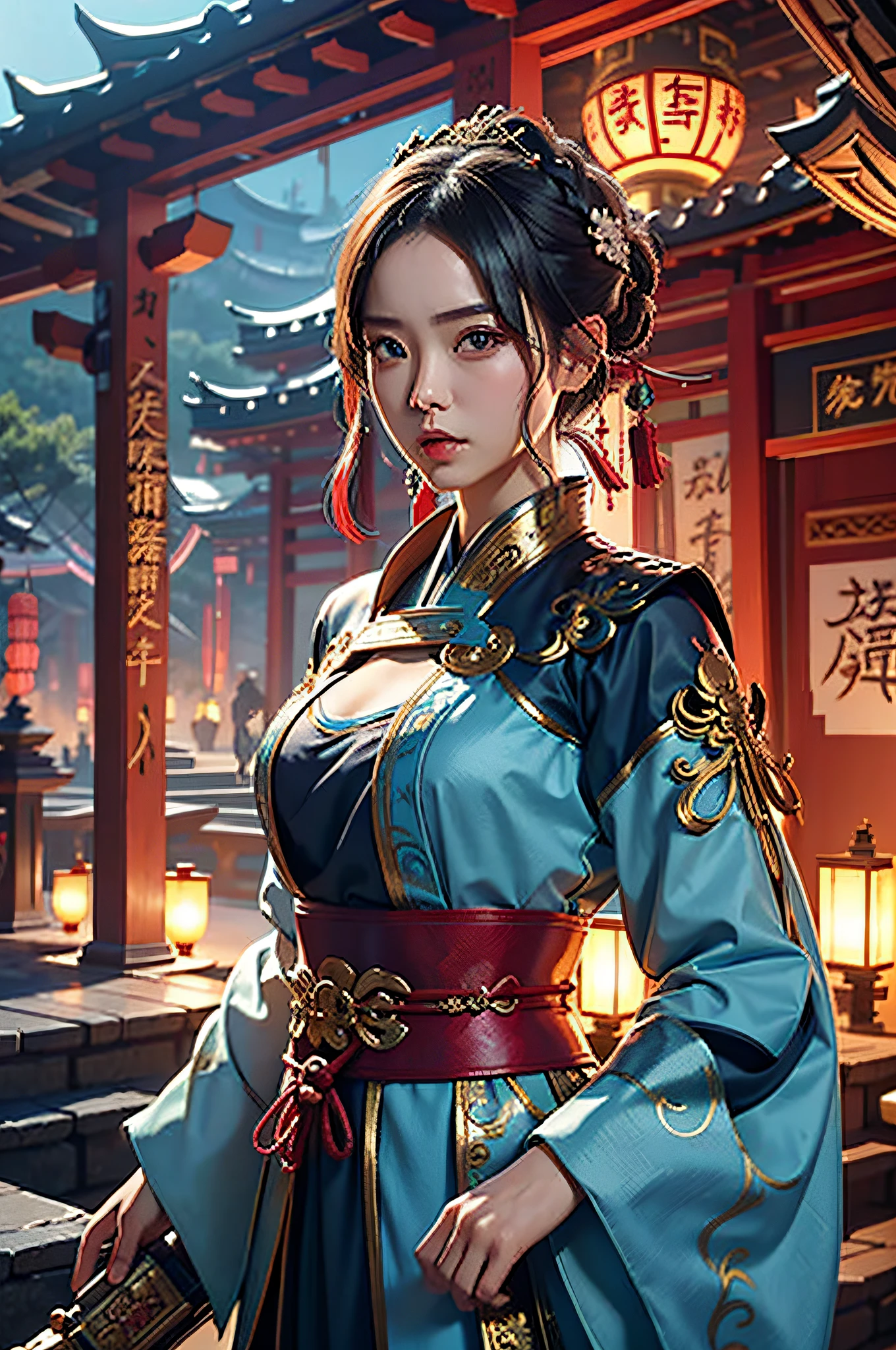 best qualtiy,tmasterpiece,超高分辨率,(realisticlying:1.4),xiuxian,arma,Detal Face,二重まぶた,nedium breasts,1girll,独奏,(Magical Circle:1.2),xiuxian,The upper part of the body,a beauty girl,full bodyesbian,east asian architecture,jacket,buliding,