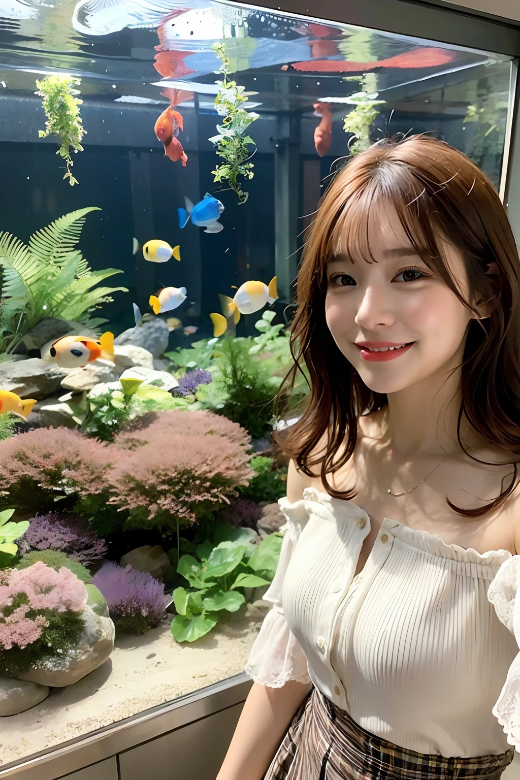 top-quality、超A high resolution、Photorealsitic、1 Idol Girl、A smile that captivates the viewer、with round face、White lace loose shirt emphasizing off-shoulder chest、tight skirts、Huge aquarium with school of aquarium fish swimming in the background、Take a selfie with camera in one hand、Footage taken with your own camera、selfie photo、(short reddish-brown wavy hair、)、huge-breasted、Selfie close-up、Look at viewers、
