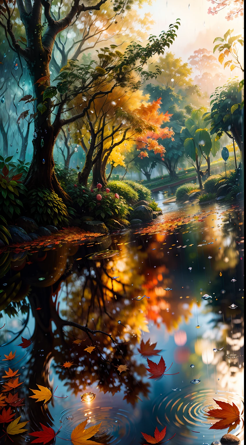 Picture of leaves and raindrops, Romantic landscape style, canon eos 5d mark iv, Sunny impressionism, Traditional Vietnamese, sparkling water reflections, high-quality photo,