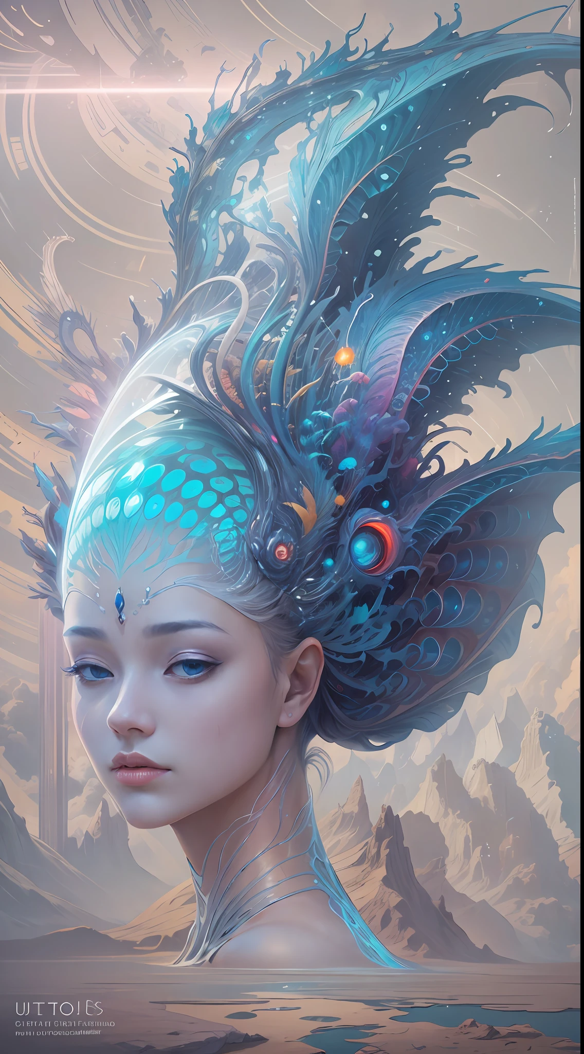 best qualtiy,tmasterpiece,超高分辨率,(photograph realistic:1.4),ultra-realistic realism,Dream-like,The beautiful blue goddess wears a phoenix peacock on her head, Nautilus, a betta fish,The creation of fantasy,Brain conch,Dream Conch,Biopunk Nautilus,Thrilling color scheme, ultra-realistic realism, abstracted, psychedelia,