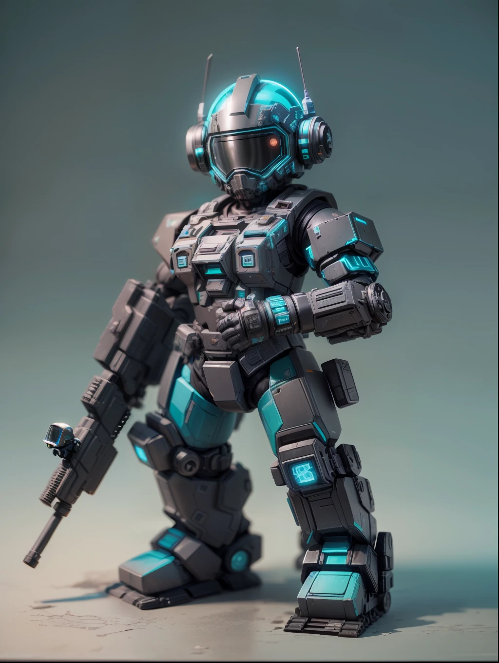 (Blind box toy style:1.2), (Full body shot) , 1 cute fat metal male machine gunner, Metal mech,Metal opaque helmet, cyber punk perssonage, dreamy glow, Clean, Black draft,Cyan and black style, ( Global illumination, Ray traching, hdr, unreal render,reasonable design, high detal, Masterpiece, Best quality, hyper HD, Cinematic lighting)