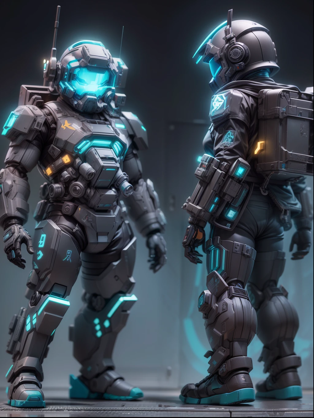 (Blind box toy style:1.2), (Full body shot) , 1 cute fat metal male machine gunner, Metal mech,Metal opaque helmet, cyber punk perssonage, dreamy glow, Clean, Black draft,Cyan and black style, ( Global illumination, Ray traching, hdr, unreal render,reasonable design, high detal, Masterpiece, Best quality, hyper HD, Cinematic lighting)