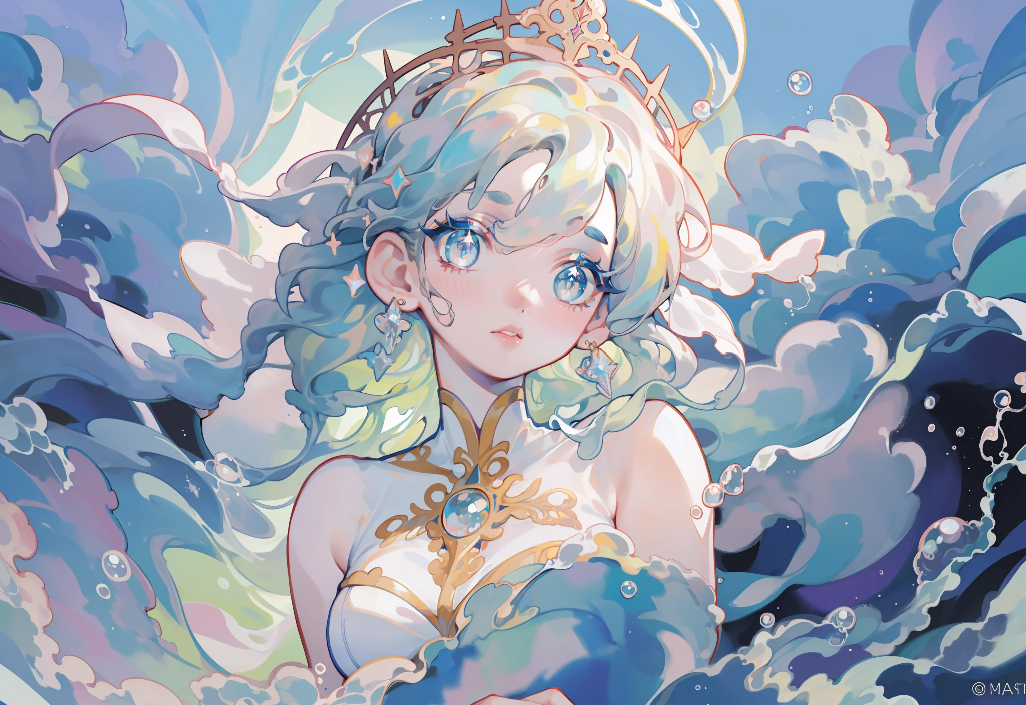 masterpiece, best quality, 8k resolution, sharp focus, intricate detail, beautiful girl, sparkling eyes, golden ratio face, otherworldly liquid, watercolor, pastel colors, bright colors, whimsical, colorful, sharp focus, high resolution, fine detail, liquid ballgown, ((round eyes))