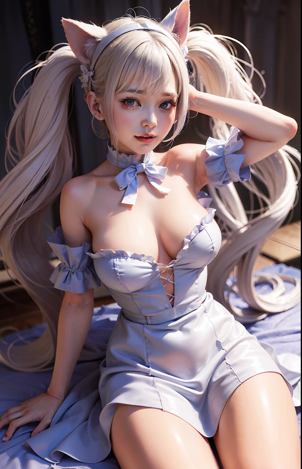 (ultra - detailed),Cute princess dress,(frill dress),(short- sleeved),Blue eyes,, Cat ears, No tail,(No tail),Girly Room,tmasterpiece, top-quality, anime big breast, A detailed eye, A detailed face, Kizi,,Hair is medium white,whaite hair, (whaite hair), Ear hair, Large bust,Ribbons, Ribbon around the neck,, On the sheet,The upper part of the body,Facial expression enhancement,A happy expression,Exposed flesh,long leges,Full body like
