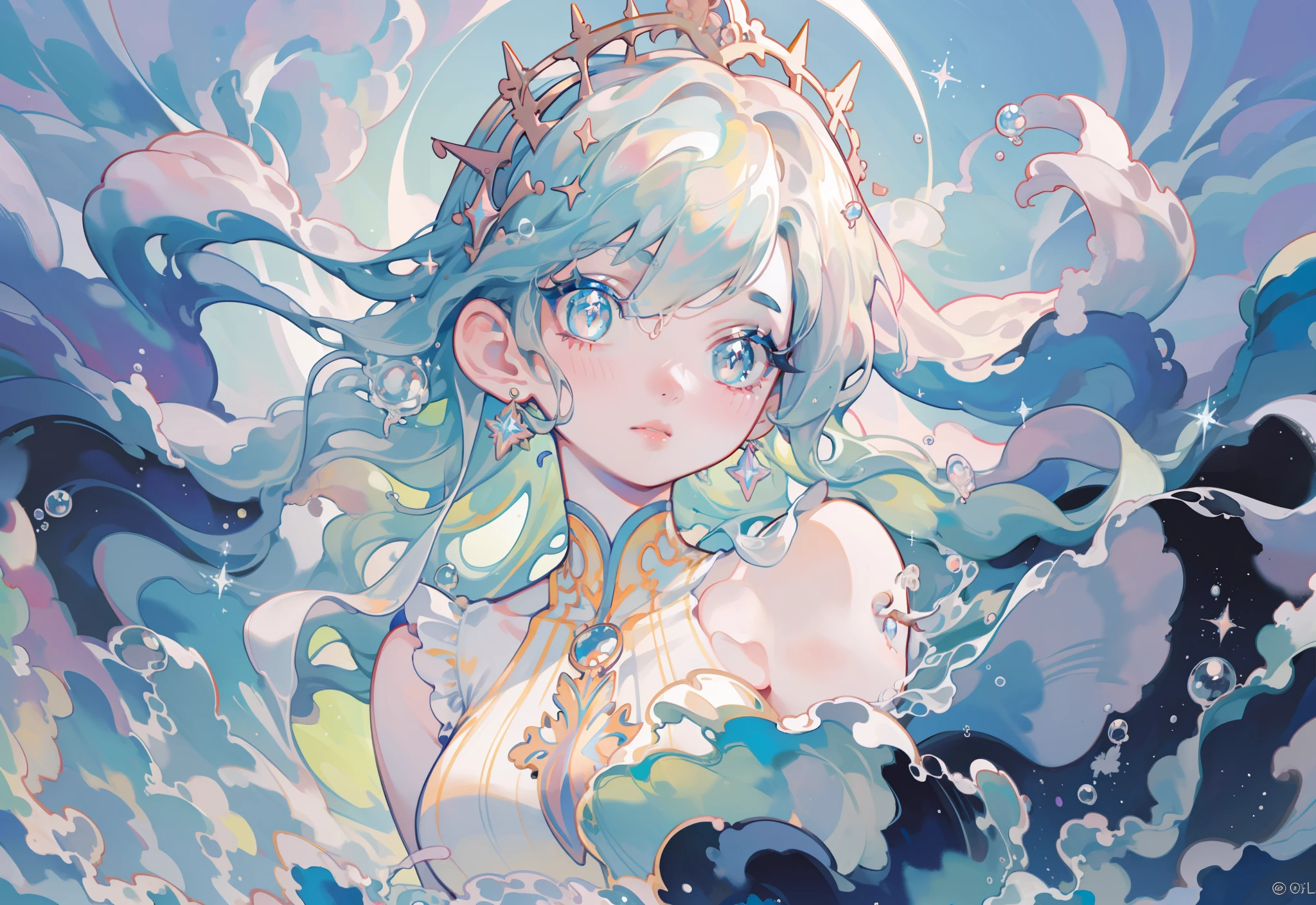 masterpiece, best quality, 8k resolution, sharp focus, intricate detail, beautiful girl, sparkling eyes, golden ratio face, otherworldly liquid, watercolor, pastel colors, bright colors, whimsical, colorful, sharp focus, high resolution, fine detail, liquid ballgown, ((round eyes))