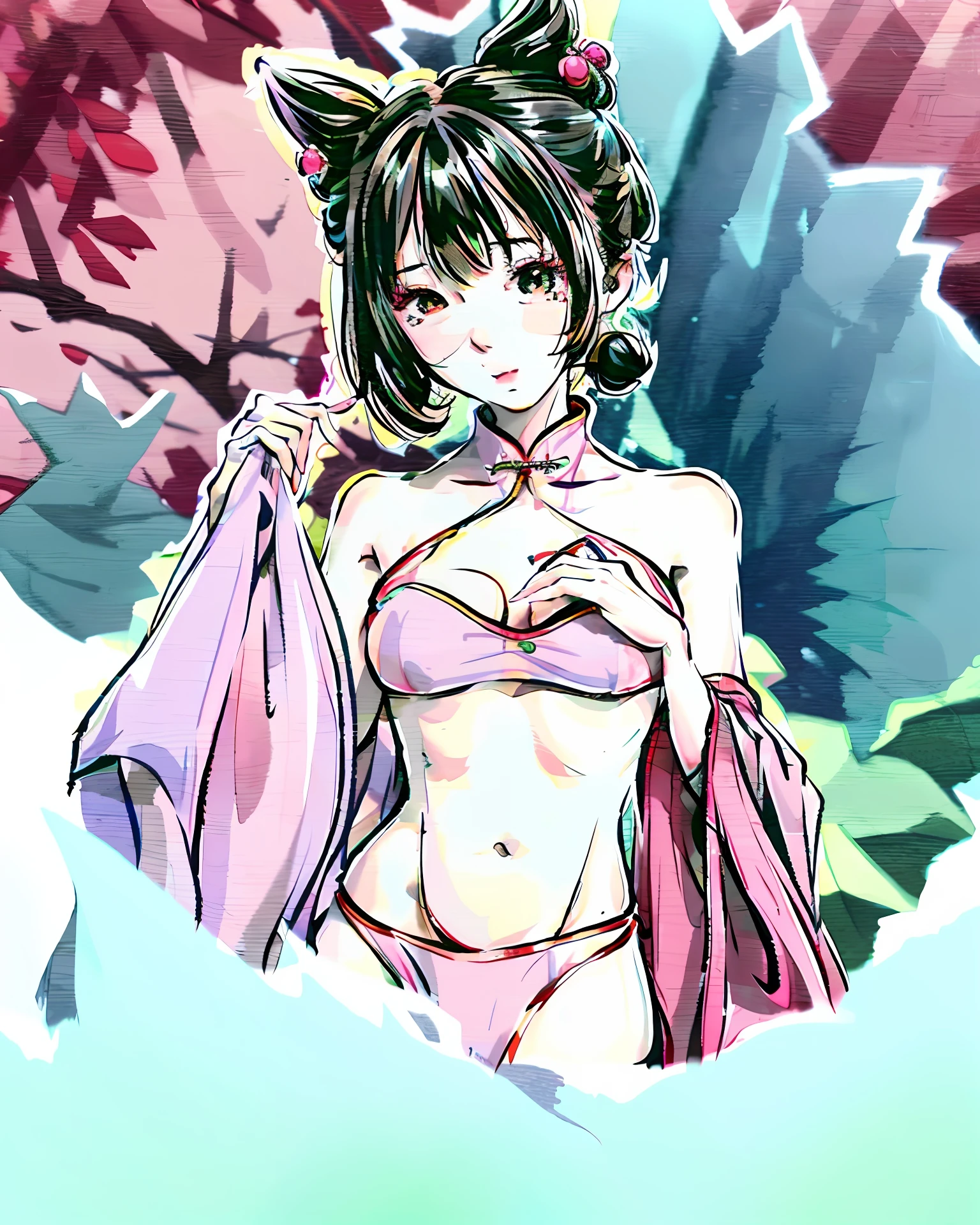 style of anime,Color map,on cheongsam,Pubic hair shows through,tit,Pink