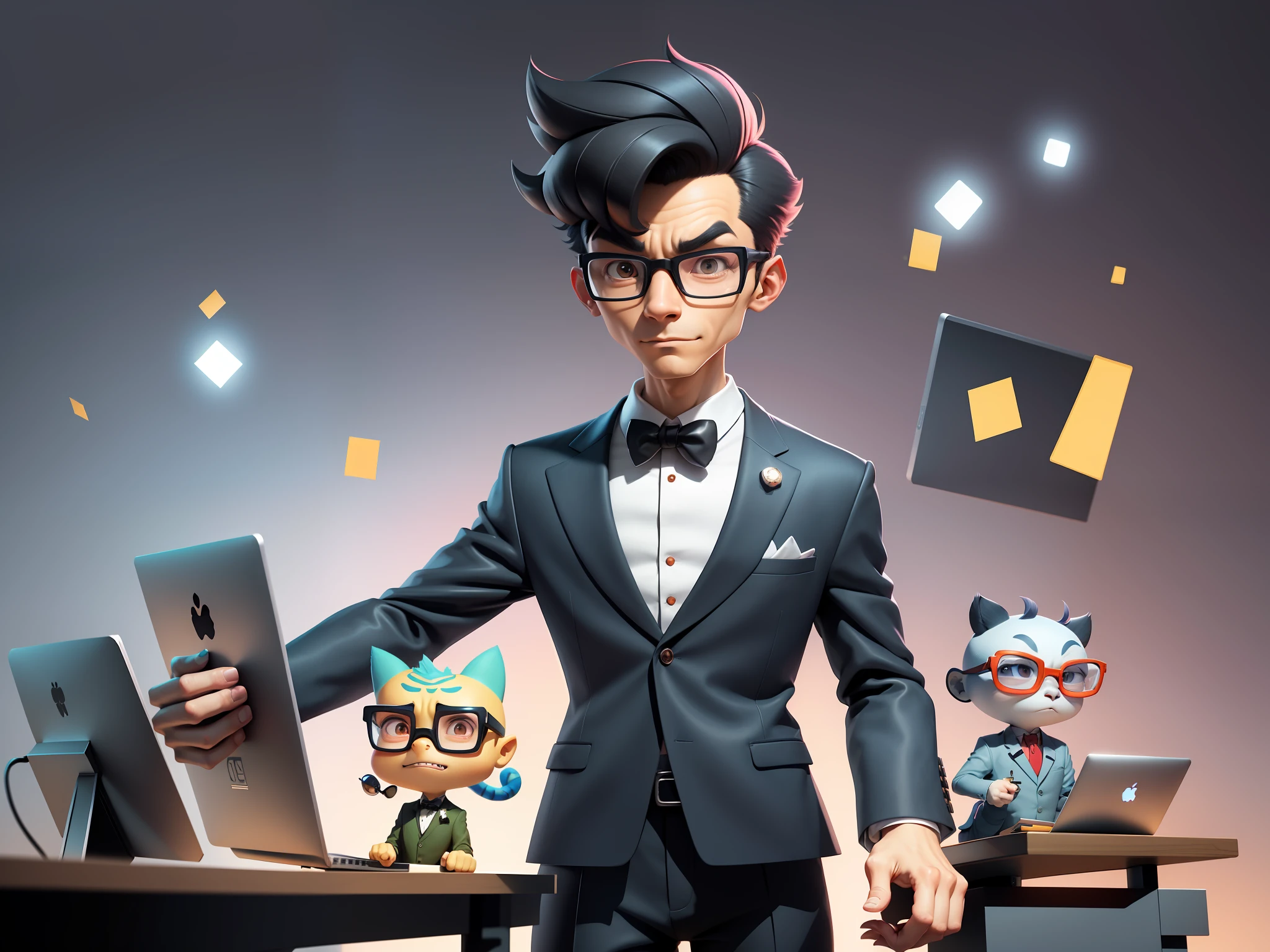 A young man in a suit and pants, Short hair and glasses sat at his desk,holding laptop,digitial painting,tigre,3D character design by Mark Clairen and Pixar and Hayao Miyazaki and Akira Toriyama,4K HD illustration,Very detailed facial features and cartoon-style visuals。