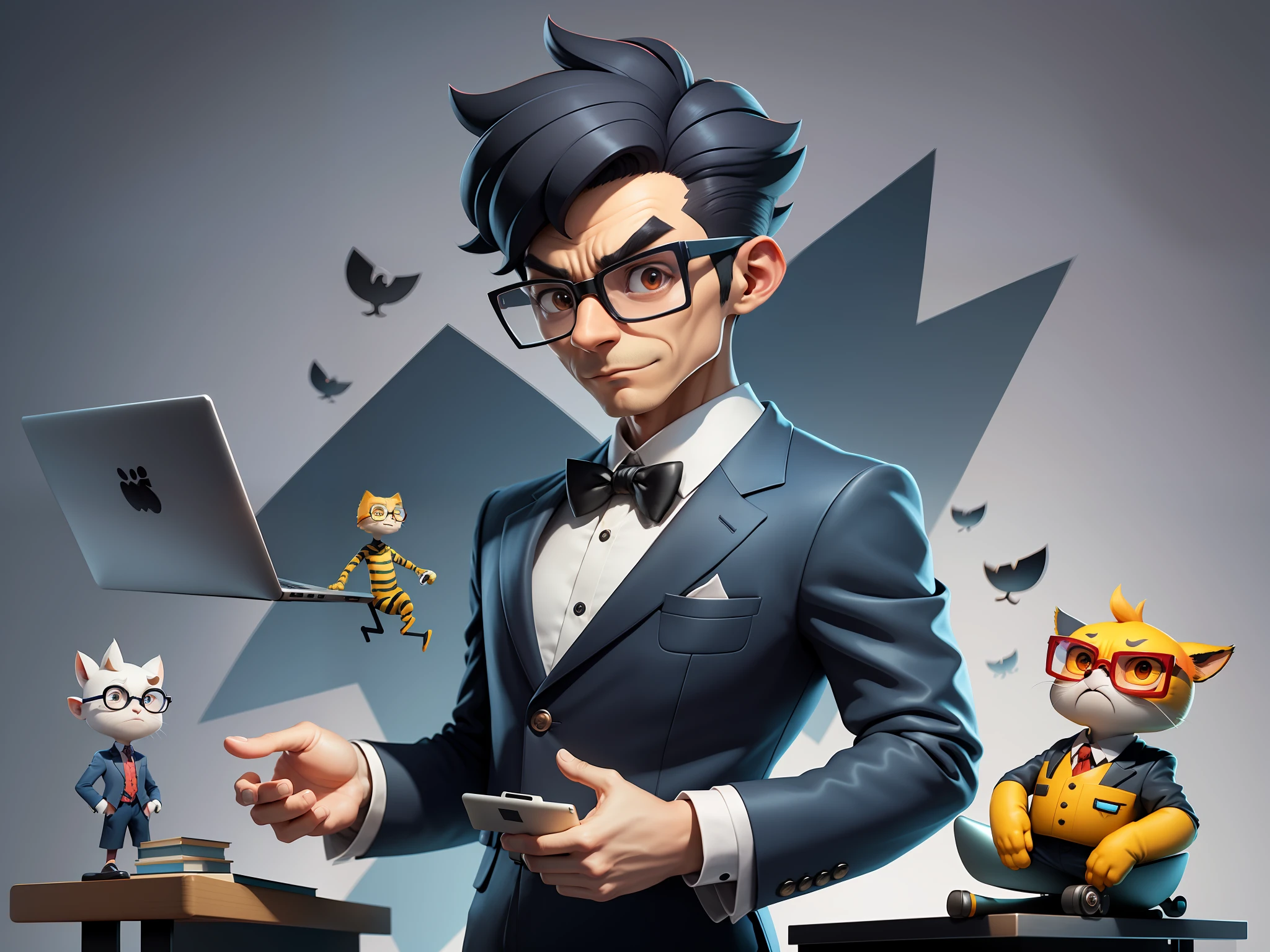 A young man in a suit and pants, Short hair and glasses sat at his desk，holding laptop，digitial painting，tigre，3D character design by Mark Clairen and Pixar and Hayao Miyazaki and Akira Toriyama，4K HD illustration，Very detailed facial features and cartoon-style visuals。