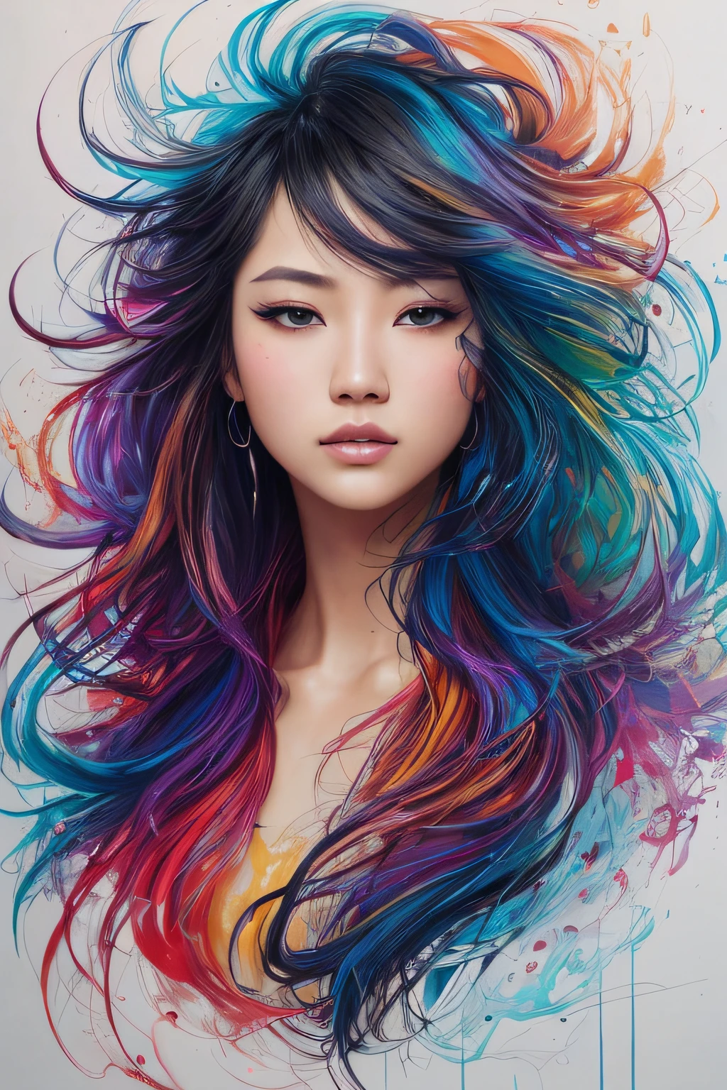 Colorful beautiful asian woman: messy hair, piercing brown eyes, oil painting, ebru, nice perfect face with soft skinice perfect face, blue yellow colors, light purple and violet additions, light red additions, intricate detail, splash screen, 8k resolution, masterpiece, determined face ,artstation digital painting smooth veryBlack ink flow: 8k resolution photorealistic masterpiece: intricately detailed fluid gouache painting: by Jean Baptiste Mongue: calligraphy: acrylic: watercolor art, professional photography, natural lighting, volumetric lighting maximalist photoillustration: by marton bobzert:, complex, elegant, expansive, fantastical, flowy hair, vibrant