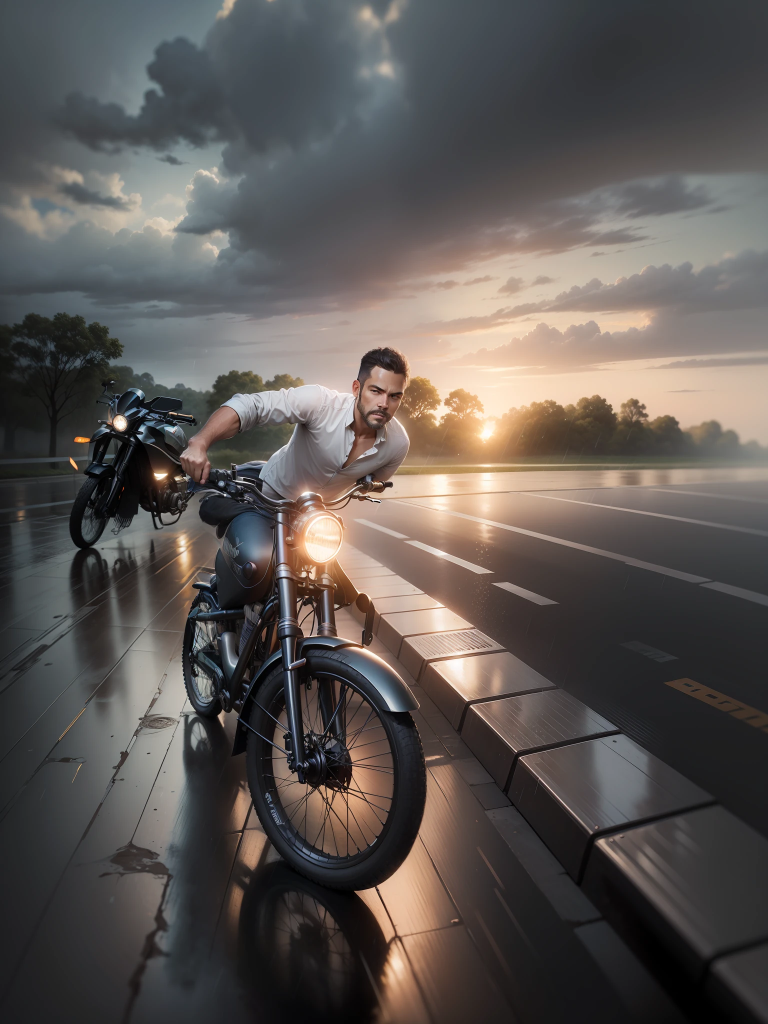 Remove background person and background also. Change the bike. Do raining and realistic face.