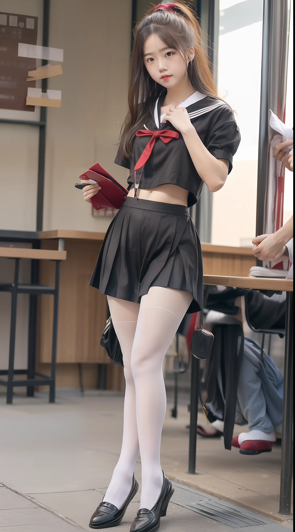 (Full body shot :2), (Full Focus:1.3), girlfriend, Colorful short-sleeved student uniforms, High-heeled leather shoes, long leges, The characters wear sailor suits and pleated skirts, ballet pose, Must show your face, Must have stockings, Stocking tights, hyper HD, Ray traching, structurally correct, anatomy correct, Award-Awarded, High detail, Chiaroscuro, Cinematic lighting, Masterpiece, Super detail, High quality, High details, Best quality, 16k