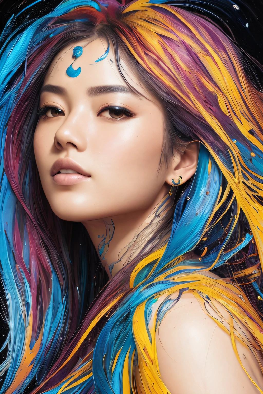 Colorful beautiful asian woman: messy hair, piercing brown eyes, oil painting, ebru, nice perfect face with soft skinice perfect face, blue yellow colors, light purple and violet additions, light red additions, intricate detail, splash screen, 8k resolution, masterpiece, determined face ,artstation digital painting smooth veryBlack ink flow: 8k resolution photorealistic masterpiece: intricately detailed fluid gouache painting: by Jean Baptiste Mongue: calligraphy: acrylic: watercolor art, professional photography, natural lighting, volumetric lighting maximalist photoillustration: by marton bobzert:, complex, elegant, expansive, fantastical, flowy hair, vibrant