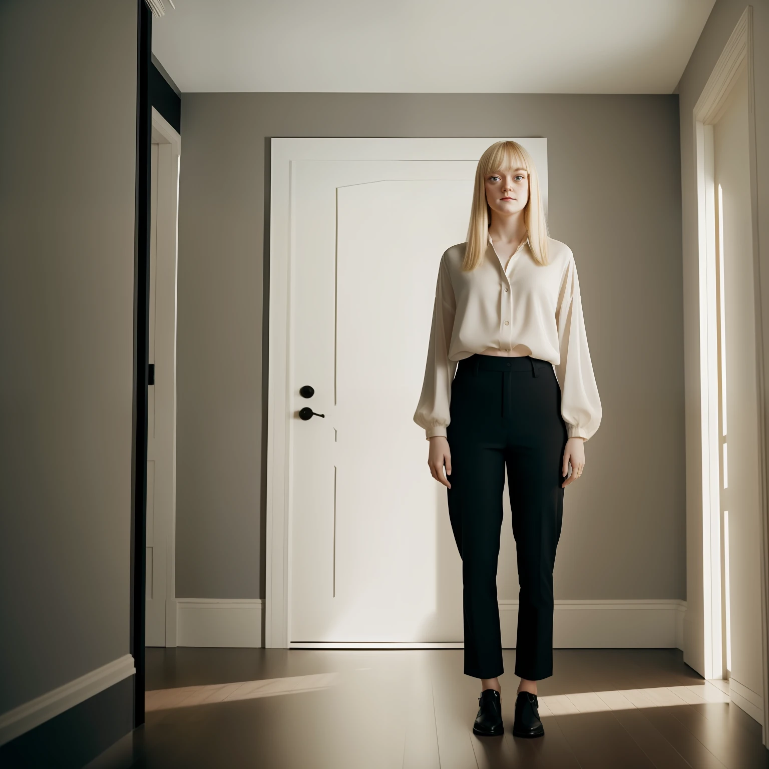 blond woman in jins pant and black shart, standing in a room, full body, dakota fanning, soft portrait shot 8 k, female portrait, james jean soft light 4k, james jean soft light 4 k, a still of an ethereal