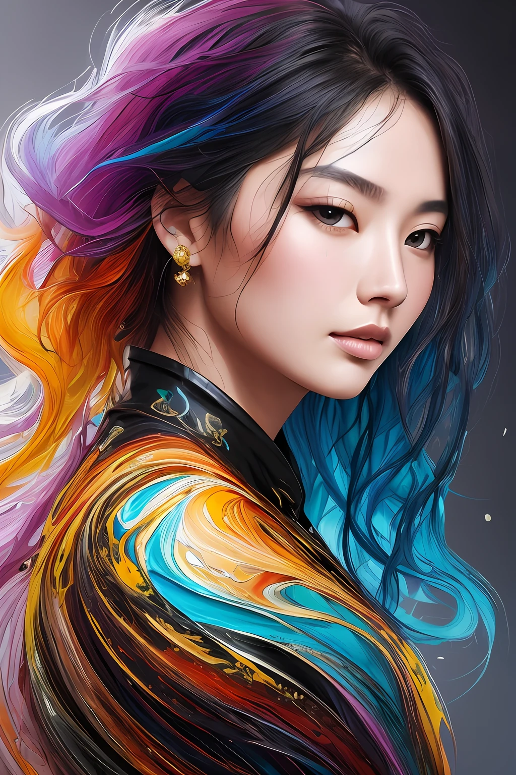 Colorful beautiful asian woman: messy hair, piercing brown eyes, oil painting, ebru, nice perfect face with soft skinice perfect face, blue yellow colors, light purple and violet additions, light red additions, intricate detail, splash screen, 8k resolution, masterpiece, determined face ,artstation digital painting smooth veryBlack ink flow: 8k resolution photorealistic masterpiece: intricately detailed fluid gouache painting: by Jean Baptiste Mongue: calligraphy: acrylic: watercolor art, professional photography, natural lighting, volumetric lighting maximalist photoillustration: by marton bobzert:, complex, elegant, expansive, fantastical, flowy hair, vibrant