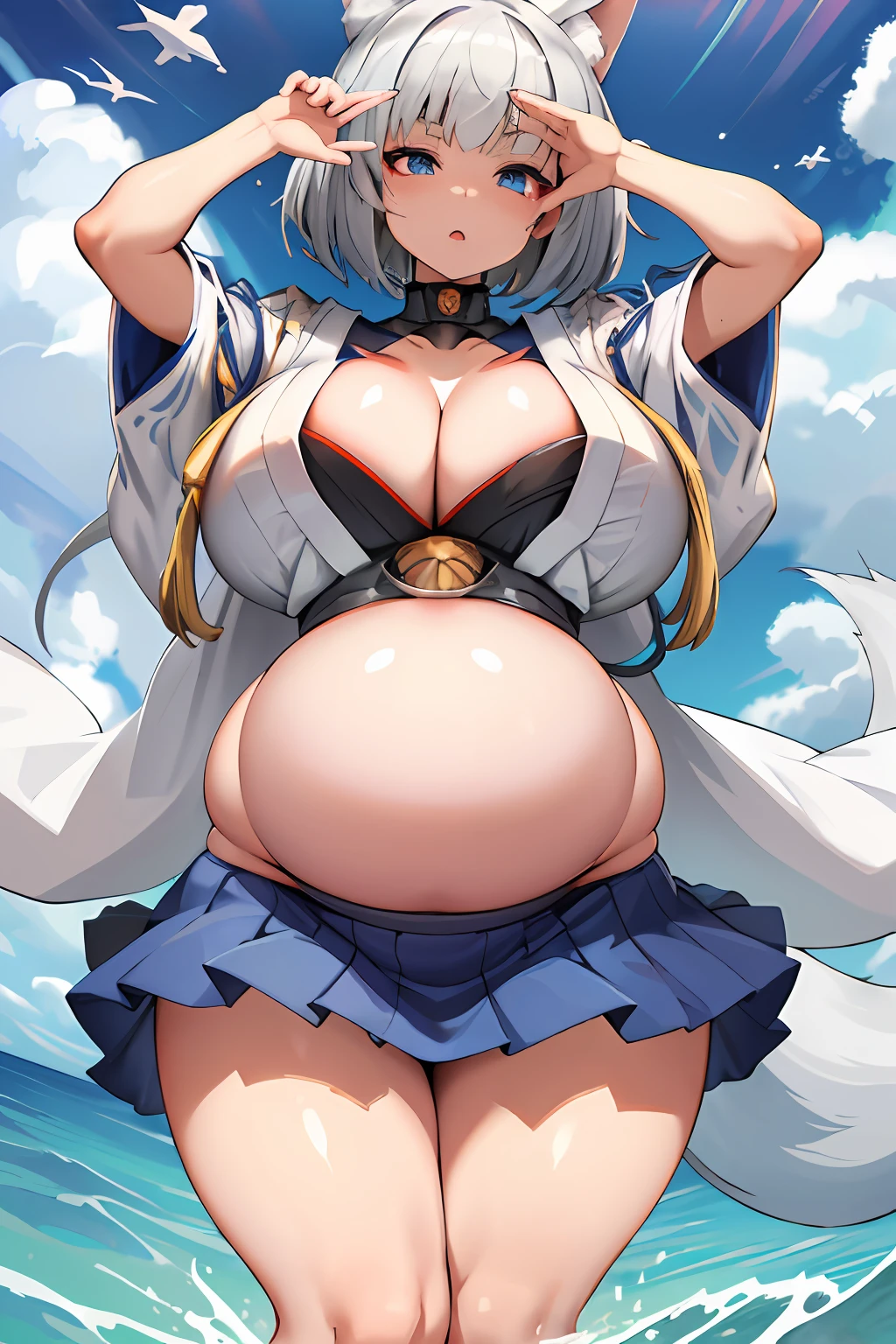 masterpiece, pregnant,ocean,best quality, KagaV4, 1girl, solo, breasts, short hair, blue eyes, skirt, large breasts, animal ears, cleavage, tail, white hair, japanese clothes, wide sleeves, blue skirt, fox ears, fox tail, fox girl, multiple tails, hakama, white kimono, hakama short skirt,big ass,big belly , huge pregnant,(Multiple Pregnant: 1.5),large múltiples pregnant,big belly, ((masterpiece)),(big belly:2.0),huge pregnant,(Multiple Pregnant: 1.5),(incredibly hyperpregnant: 2.0) ,(huge large belly:2.0)(huge big belly; 2,0),belly al descubierto, sentada,