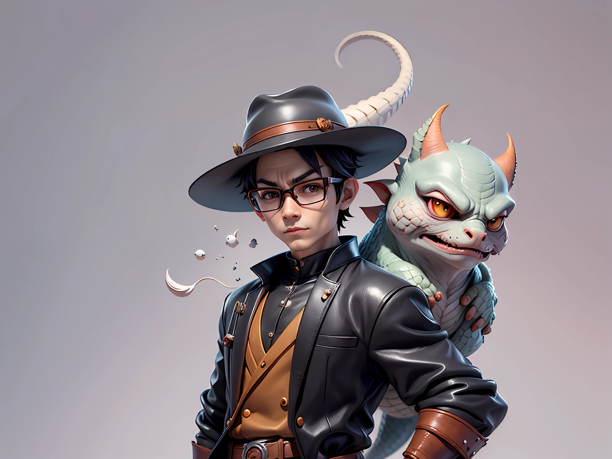 Young man with oriental face in leather hat, dragon, formal suit, short black hair, silver glasses, digital painting, 3D character design by Mark Clairedon and Pixar and Hayao Miyazaki and Akira Toriyama, the illustration is a high-definition illustration in 4K resolution with very detailed facial features and cartoon-style visuals.