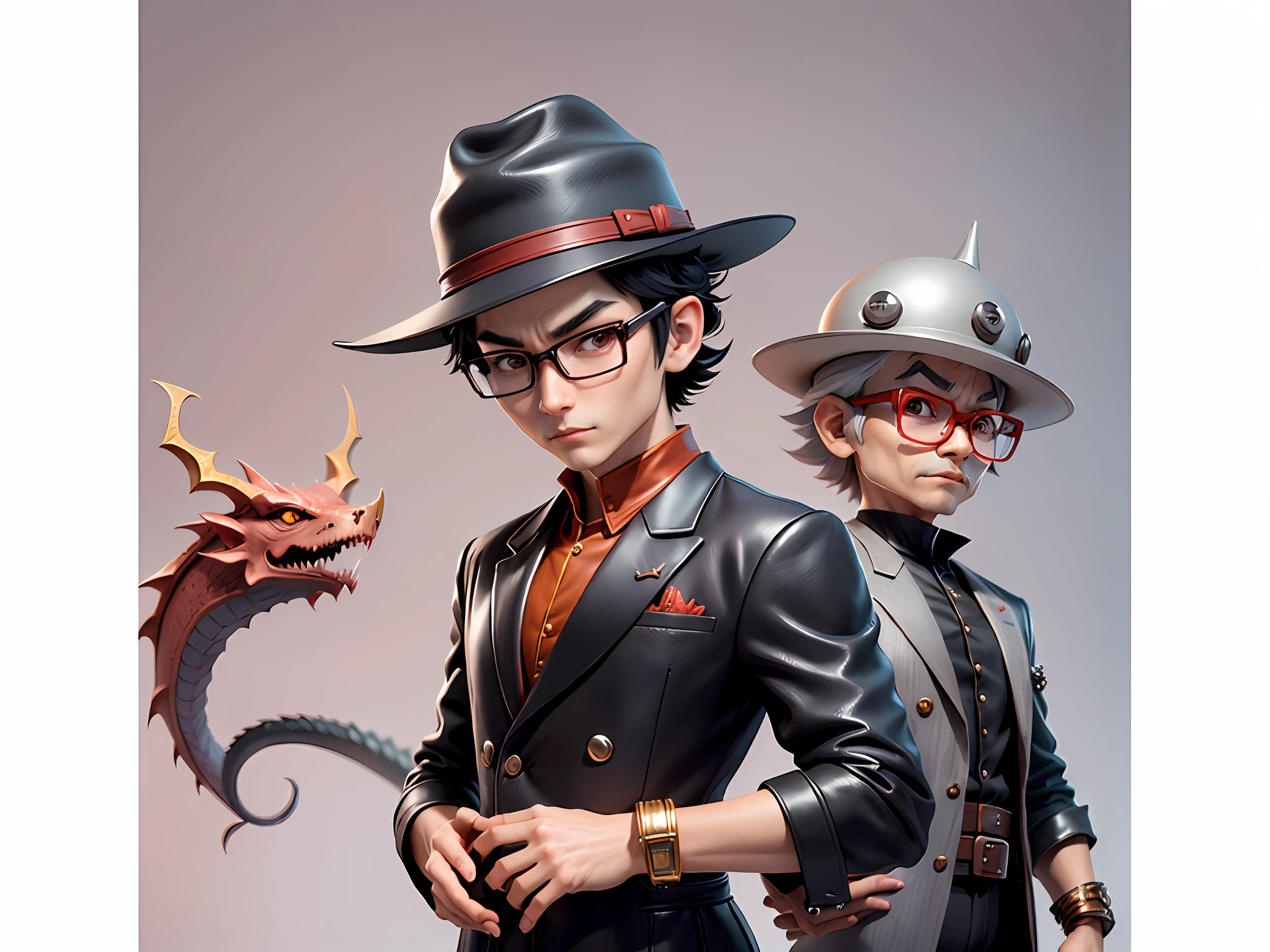 Young man with oriental face in leather hat, dragon, formal suit, short black hair, silver glasses, digital painting, 3D character design by Mark Clairedon and Pixar and Hayao Miyazaki and Akira Toriyama, the illustration is a high-definition illustration in 4K resolution with very detailed facial features and cartoon-style visuals.