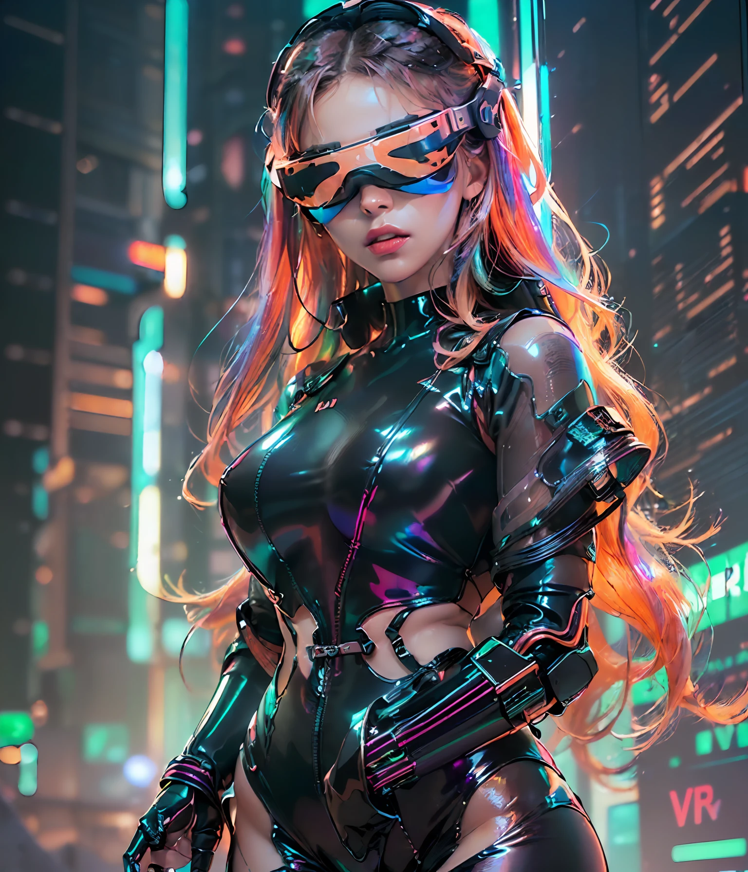 (((Perfect Portrait shot of Girl))), ((extremely long flowing curly fluorescent Orange cyberpunk hair)), best image quality, masterpiece, super high resolution, (fidelity:1.4), photo, (((1 girl))) dim, darkness, movie, (translucent futuristic black outfit and clothes:1.5), (translucent clothes:1.4), ((cyberpunk)), cyber gear, ((robot)), apocalypse, futuristic, (((overly large hanging breasts))), ((perfect and sharp facial features ((portrait)), (((dynamic shot))), ((perfect body)), ((award winning super realistic photo)), (((extremely tight reflective shiny latex))), textured pastel color background, colourful, vibrant, ((gorgeous perfect multicoloured reflective eyes)), (((futuristic transparent colored VR goggles))), (((perfect ass behind shot)))
