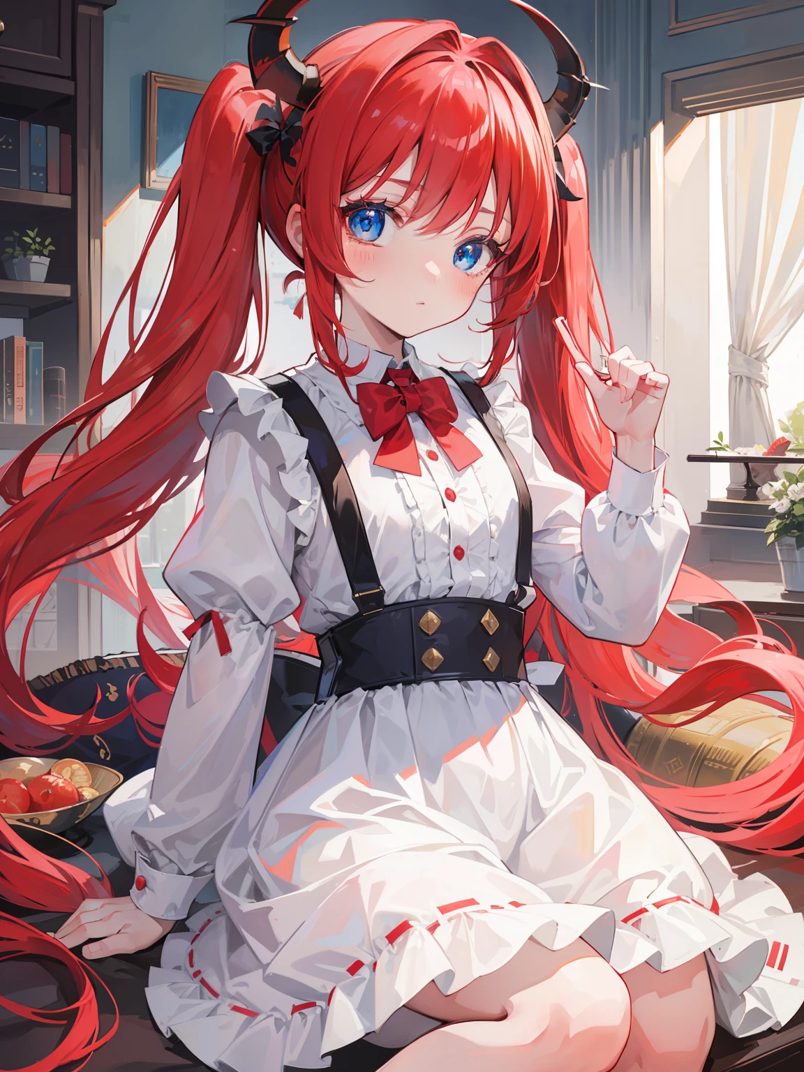 {{best quality}}, {{masterpiece}}, {{ultra-detailed}}, {illustration}, {detailed light}, red hair,blue eyes,twintails,lolita,Suspenders skirt,Fantastic,loli,solo,Dragon horns,little girl,long hair