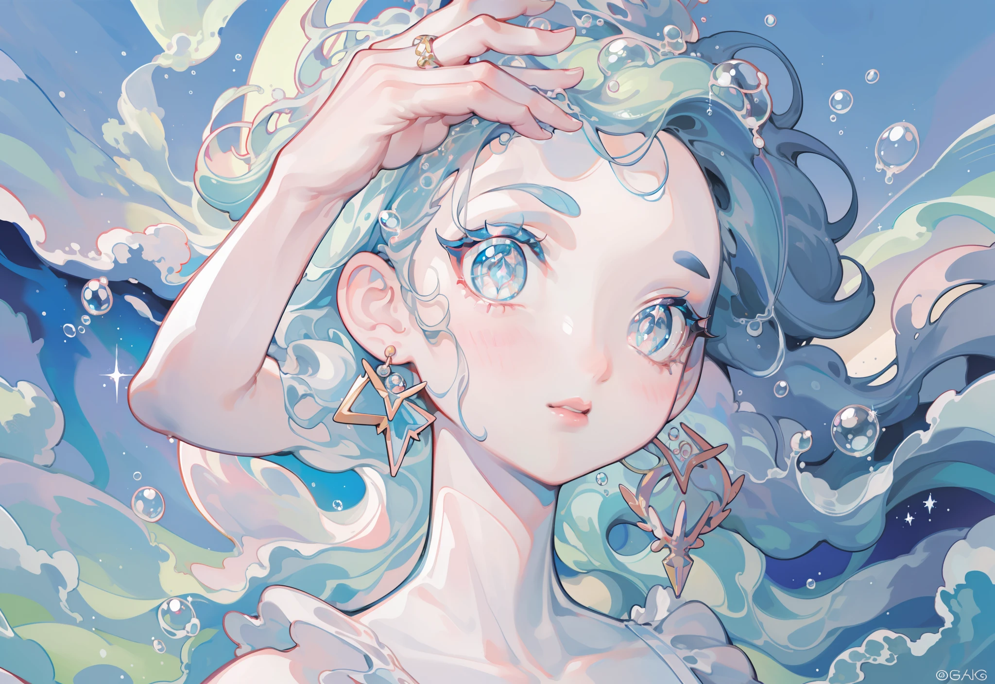 masterpiece, best quality, 8k resolution, sharp focus, intricate detail, beautiful girl, sparkling eyes, golden ratio face, otherworldly liquid, watercolor, pastel colors, bright colors, whimsical, colorful, sharp focus, high resolution, fine detail, liquid ballgown, ((round eyes)), iridescent bubbles