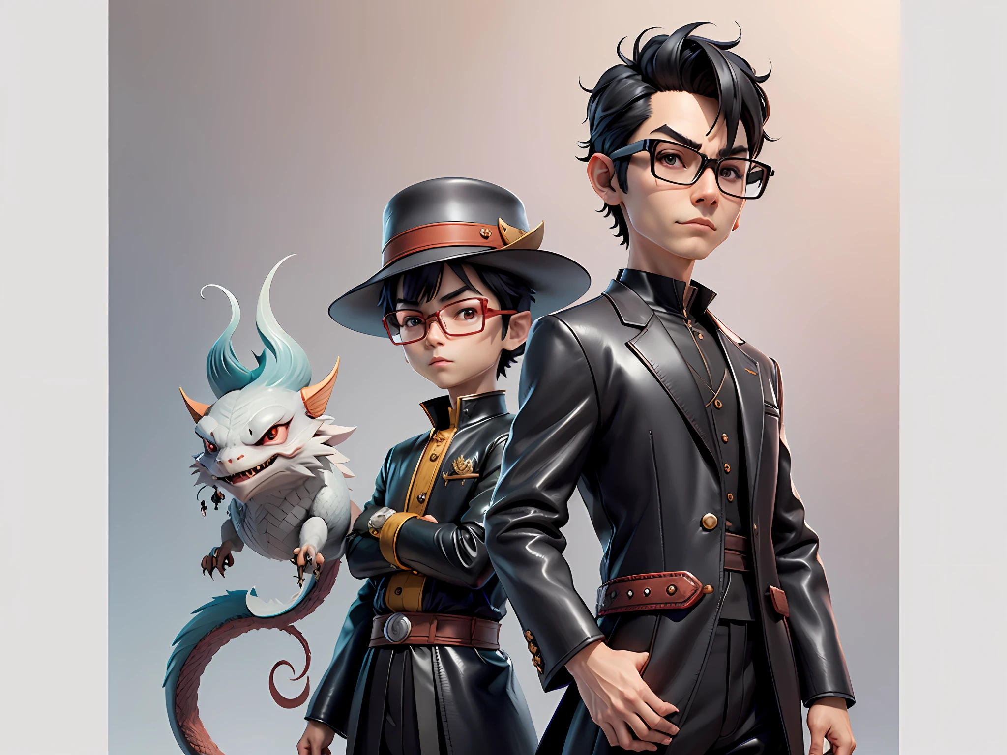 Young man with oriental face in leather hat, dragon, formal suit, short black hair, silver glasses, digital painting, 3D character design by Mark Clairedon and Pixar and Hayao Miyazaki and Akira Toriyama, the illustration is a high-definition illustration in 4K resolution with very detailed facial features and cartoon-style visuals.