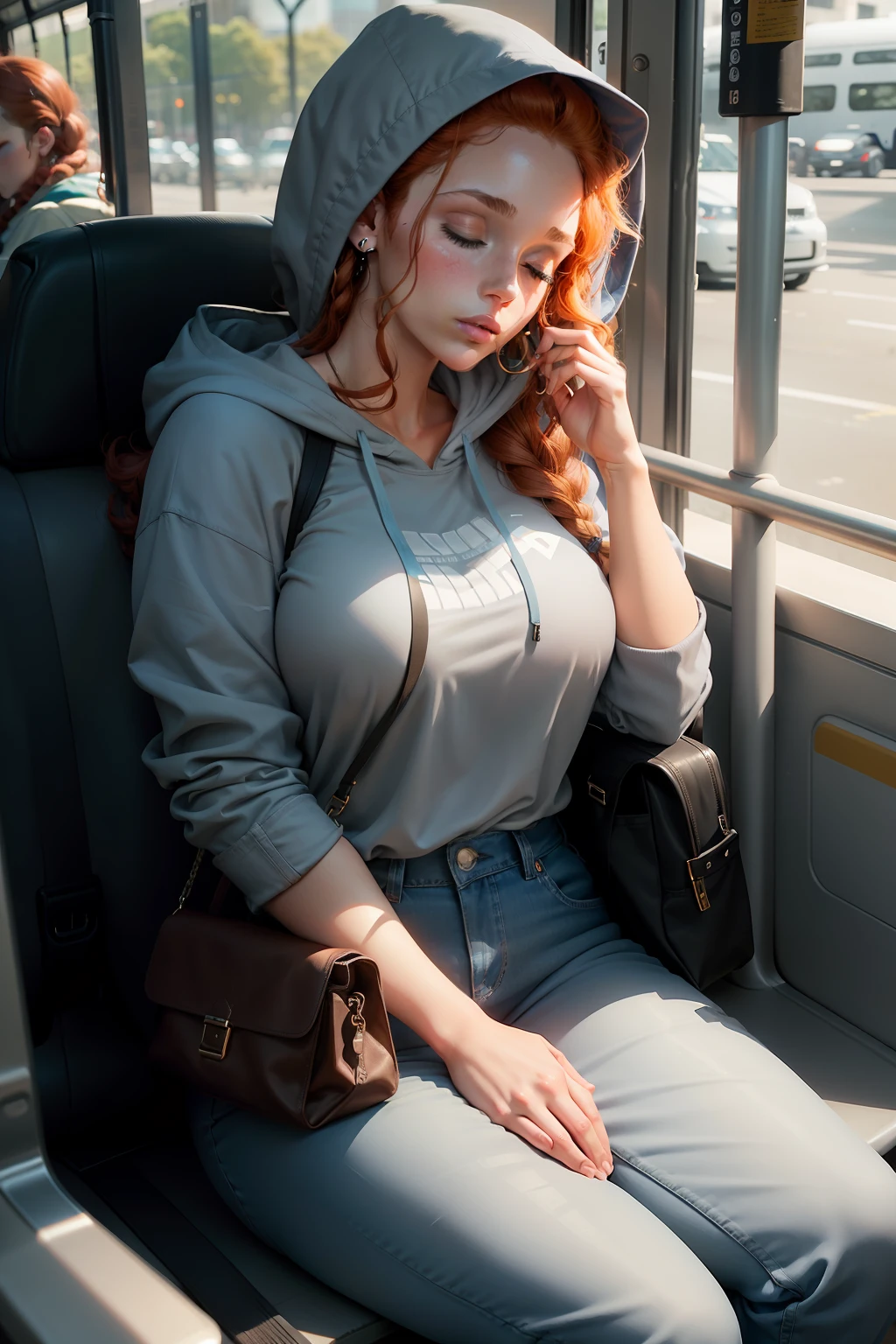 1 beautiful woman, large body, young, braid around her forehead, redhead, curly hair, eyes closed, eyelids made up, GRAY HOODED SHIRT WITH BLACK SLEEVES, light blue jean pants, HANDS CROSSED, BLACK BAG, asleep, small EARRINGS, ASLEEP WITH MOUTH OPEN, asleep sitting on the BUS, HEAD DOWN ON THE SEAT.
