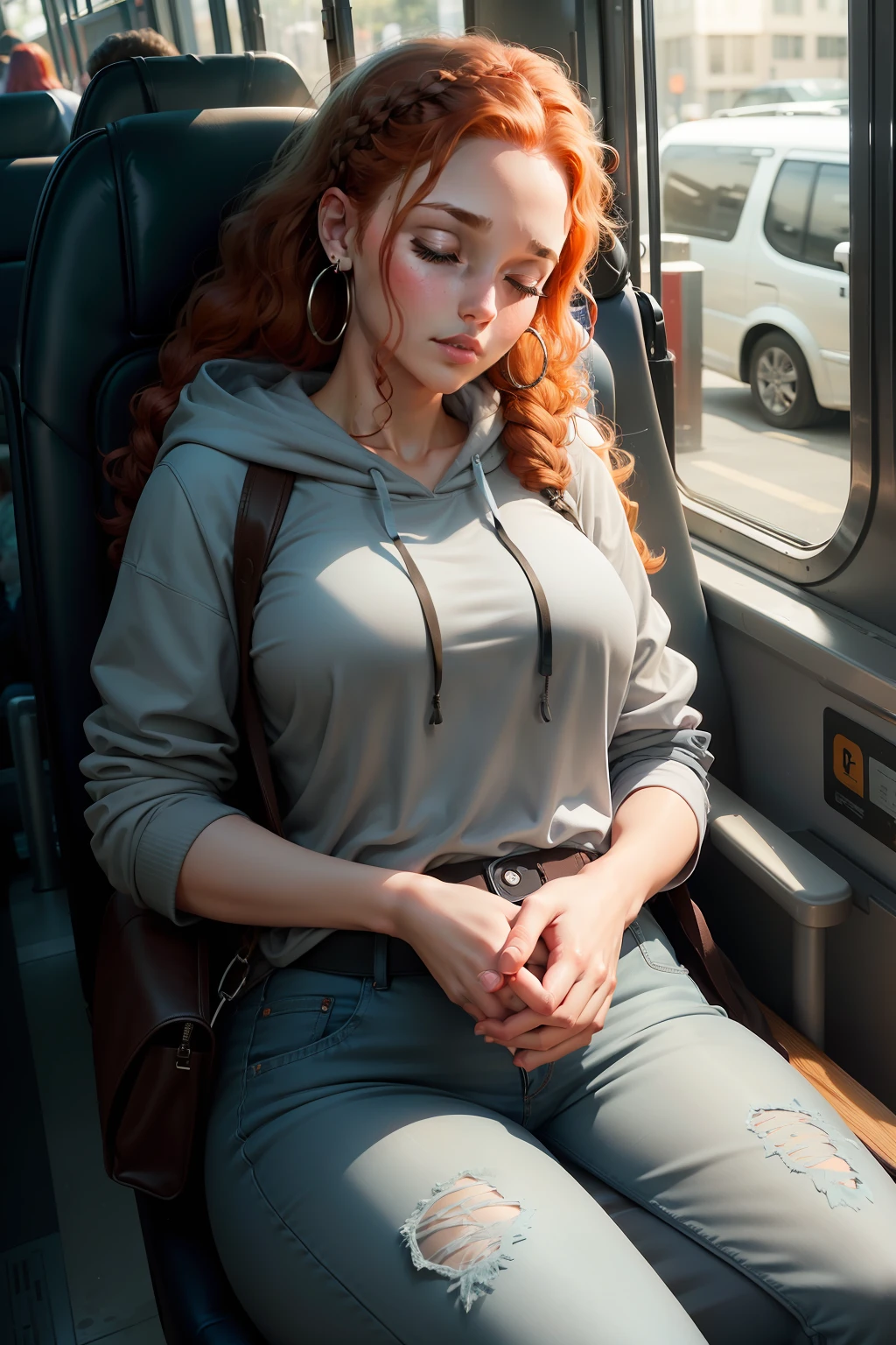 1 beautiful woman, large body, young, braid around her forehead, redhead, curly hair, eyes closed, eyelids made up, GRAY HOODED SHIRT WITH BLACK SLEEVES, light blue jean pants, HANDS CROSSED, BLACK BAG, asleep, small EARRINGS, ASLEEP WITH MOUTH OPEN, asleep sitting on the BUS, HEAD DOWN ON THE SEAT.