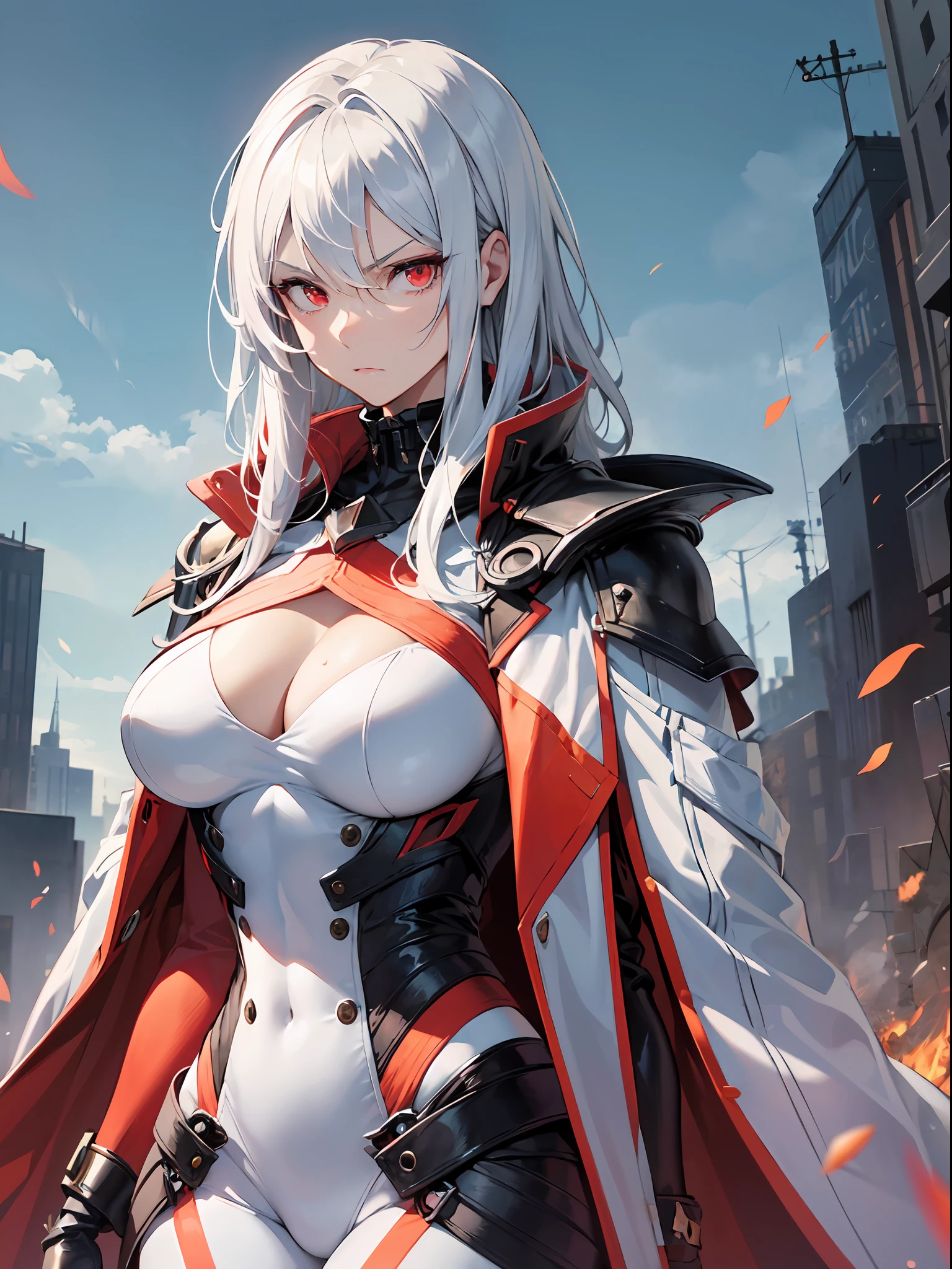 (Ridiculous, tall, super detailed), 1 female, Adult, Handsome, tall, broad shoulders, Fine facial features, Red and white suit, White hair, Red Eyes, matured male, Fair skin, Hands raised, Serious expression, apathetic, unmanageable