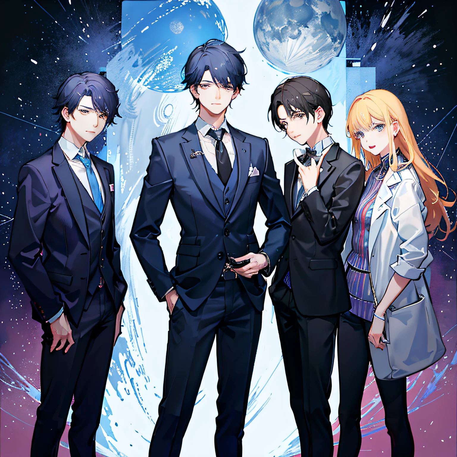 Three men in suits and ties stand side by side, LUT, Regular K-pop boy band, official fanart, Cute boy, Men's art, Inspired by Kim Deuk-sin, wearing a suit!, artwork in the style of guweiz, & Lee Ji-hyun & WLOP, portrait photos, Tall handsome man, beautiful androgynous prince, inspired by Yanjun Cheng